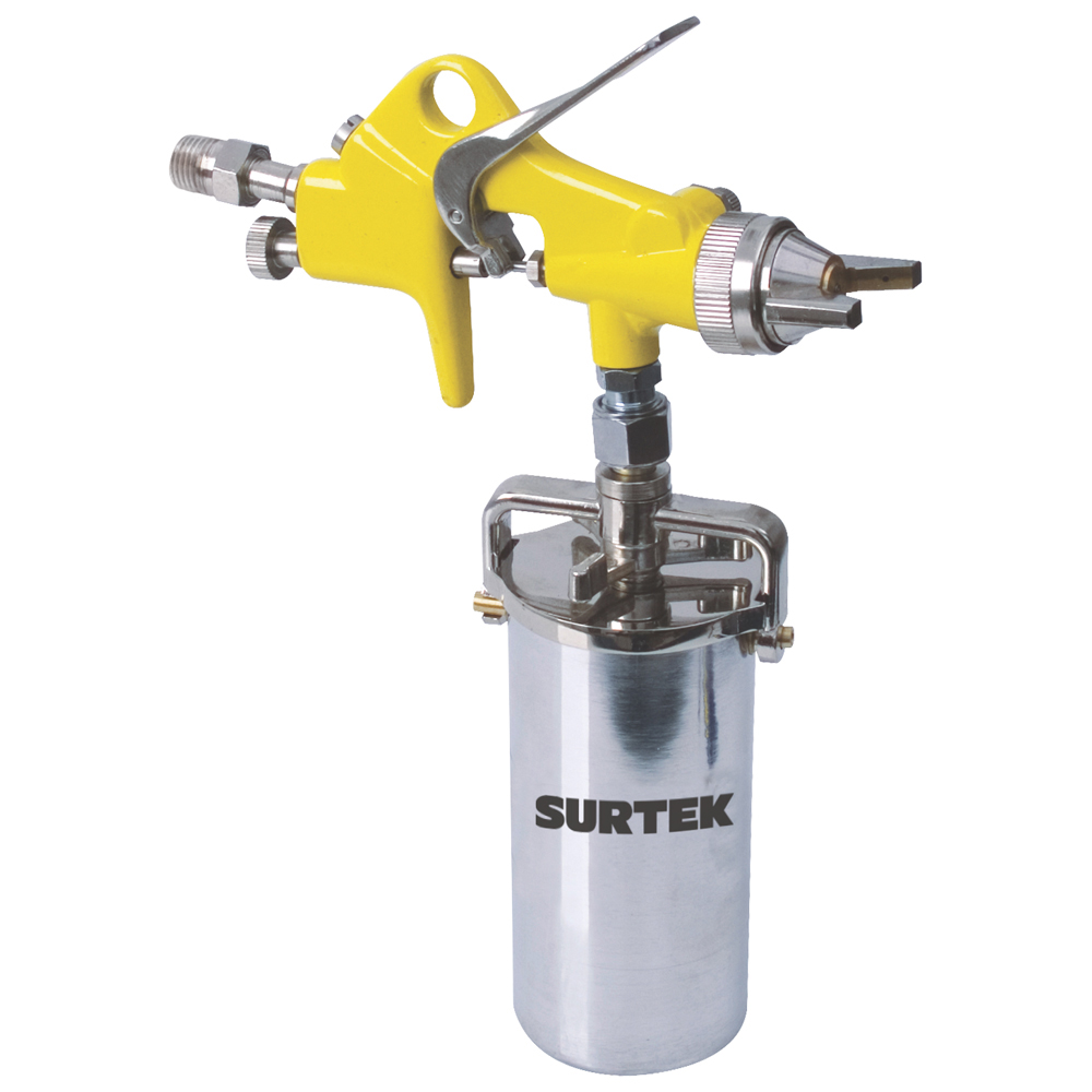 PPT1 Pistola para terminados con presión de trabajo de 70 psi, capacidad de vaso de 250 ml. Consumo de aire de 4 sfcm, diámetro interno de manguera de 3/8", entrada de aire de 1/4" NPT Surtek