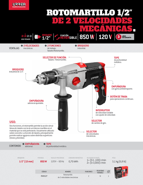 Rotomartillo de broquero 1/2", 850 w, 120 V funcion reversible Urrea - Imagen 2