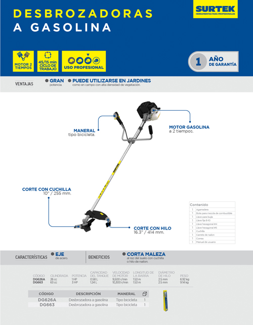 DG663 Desbrozadora a gasolina 16.3" 63 cc Surtek - Imagen 2