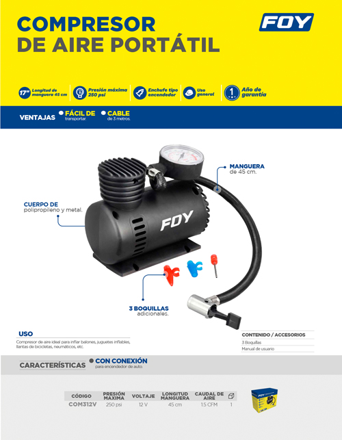 COM312V Compresor de aire 250 PSI 12 V Foy - Imagen 2