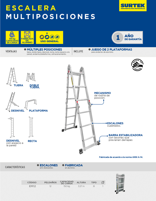 EM12 Escalera multiposiciones tipo III con 12 peldaños Surtek - Imagen 2