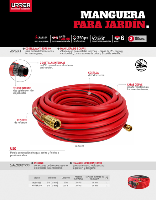 MU58R25 Manguera para jardín de 6 capas reforzada con conector metálico robusto 5/8", 25 m Urrea - Imagen 2