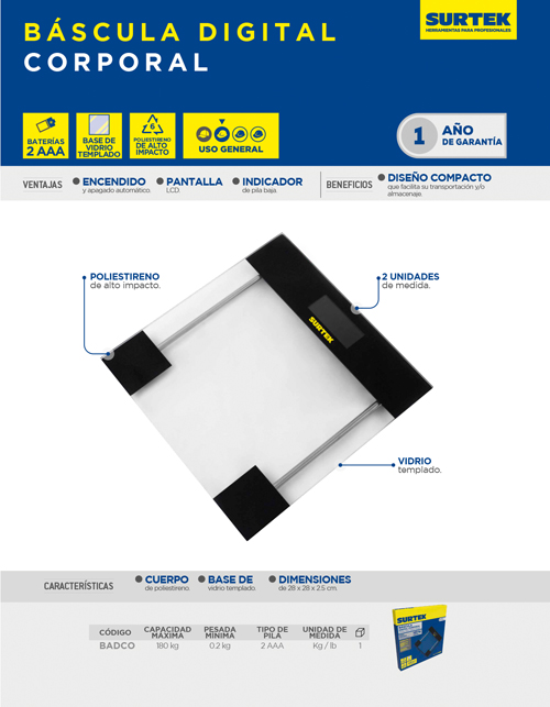 BADCO Báscula digital corporal 180 Kg Surtek - Imagen 2