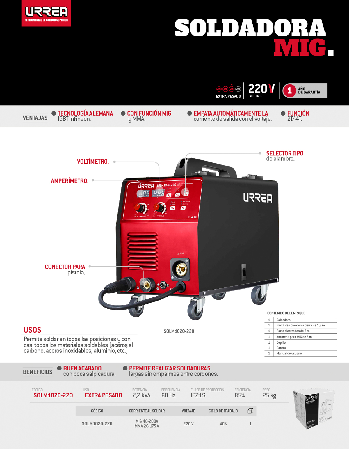 SOLM1020-220 Soldadora microalambre 200 A 220 V Urrea - Imagen 2