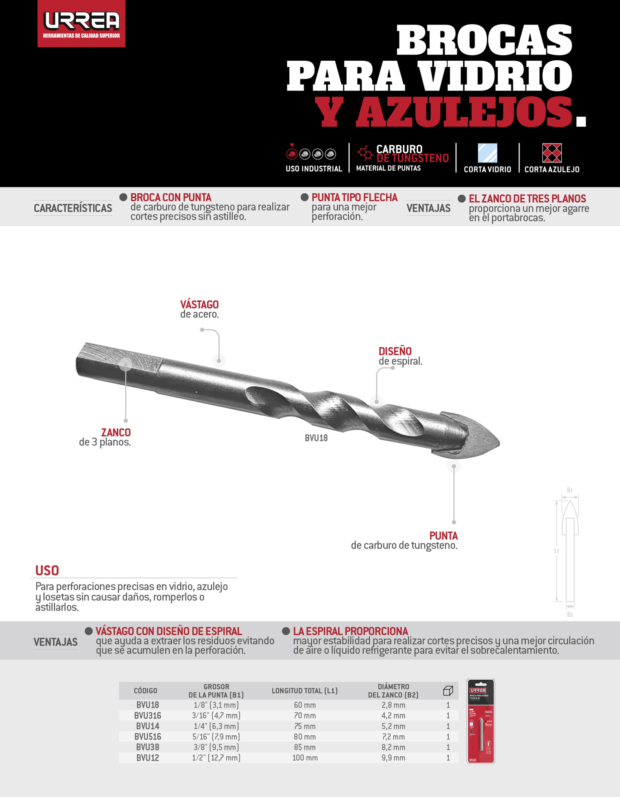 BVU12 Broca para vidrios y azulejos de acero con cabeza de carburo de tungsteno 1/2" Urrea - Imagen 2