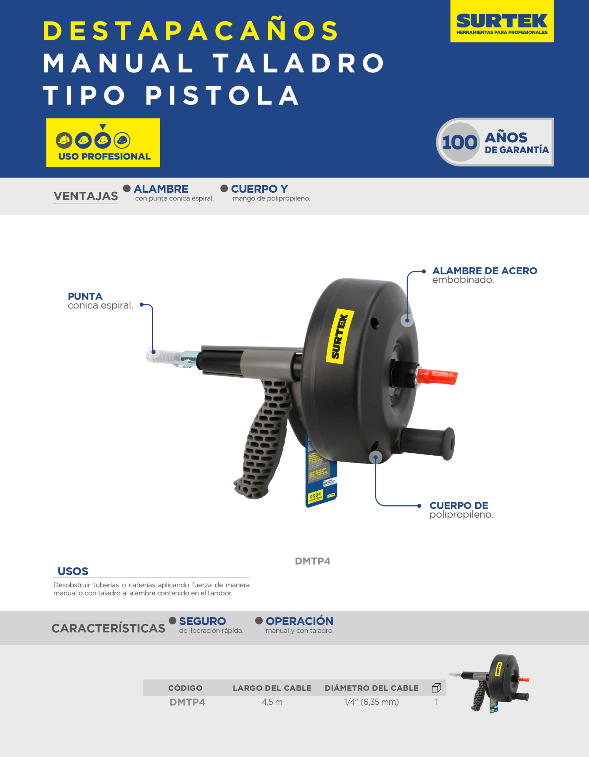 DMTP4 Destapacaños manual o para taladro, tipo pistola 4.5 m Surtek - Imagen 2