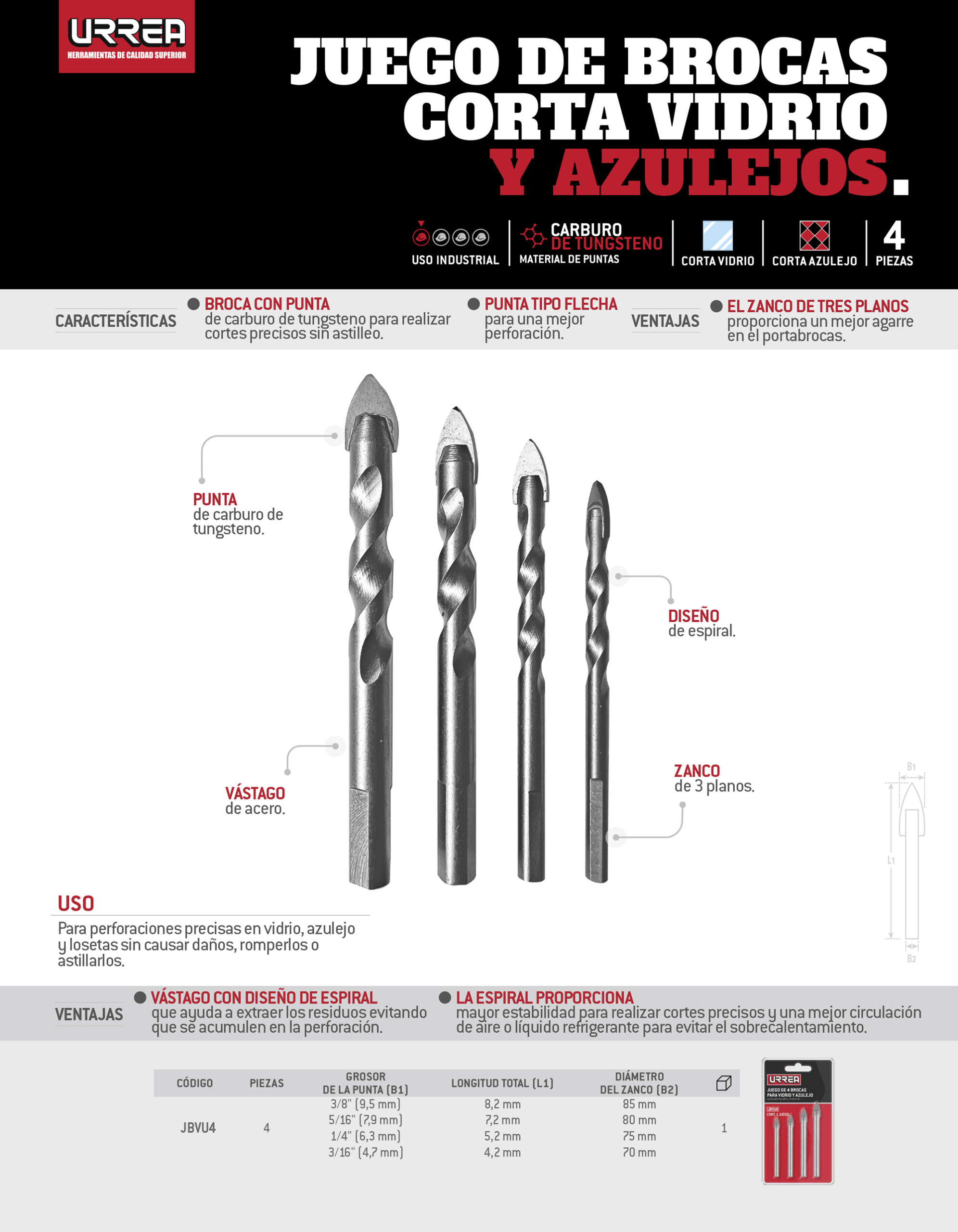 JBVU4 Juego de brocas para vidrios y azulejos, 4 piezas Urrea - Imagen 2