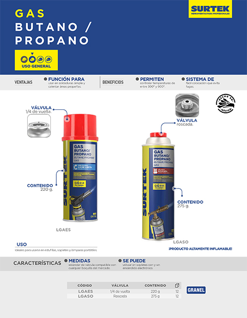 LGAES Lata de gas butano/propano con válvula 1/4 de vuelta 220 g Surtek - Imagen 2