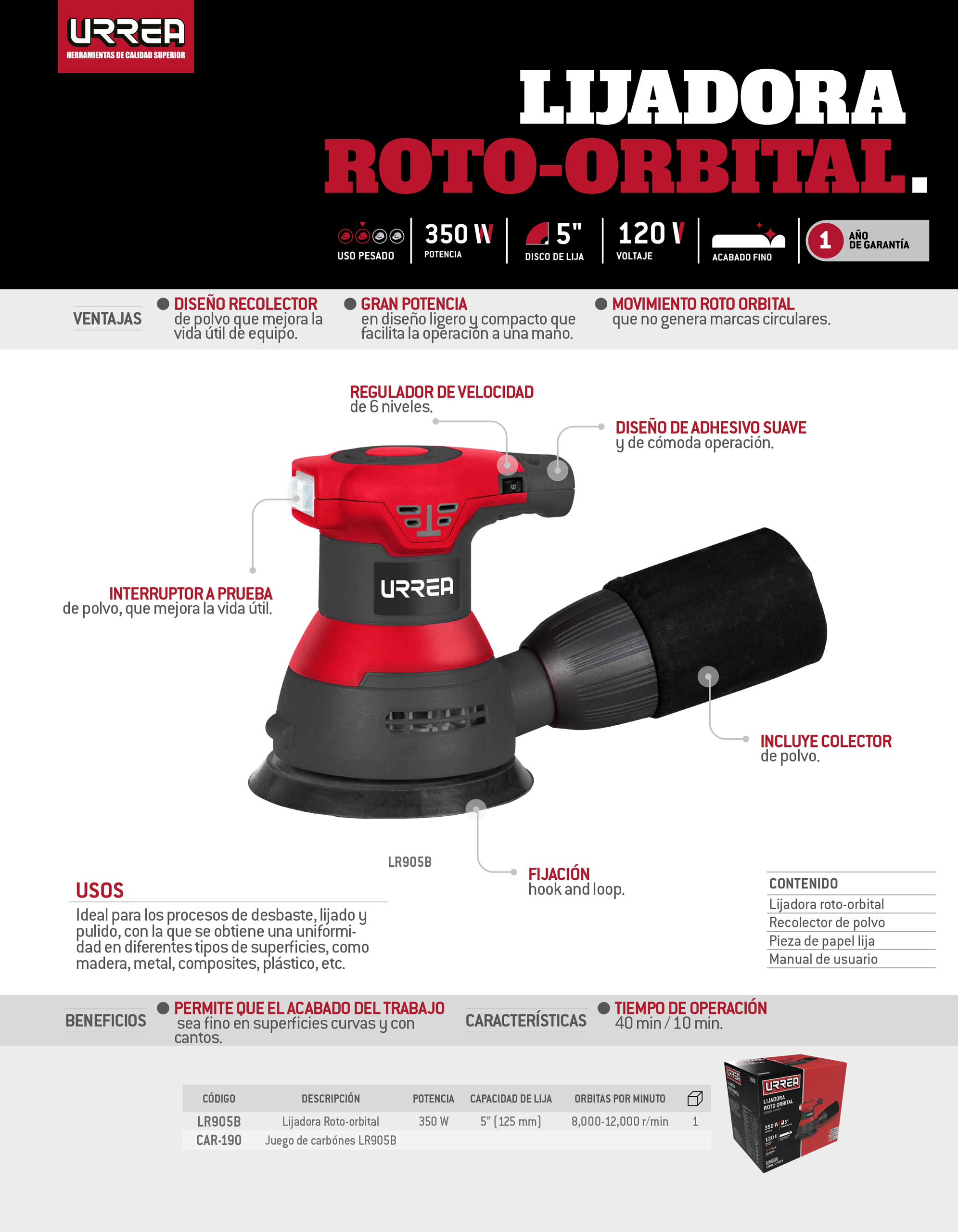 LR905B Lijadora roto orbital 5" 350 W 120 V, 12000 RPM Urrea - Imagen 2