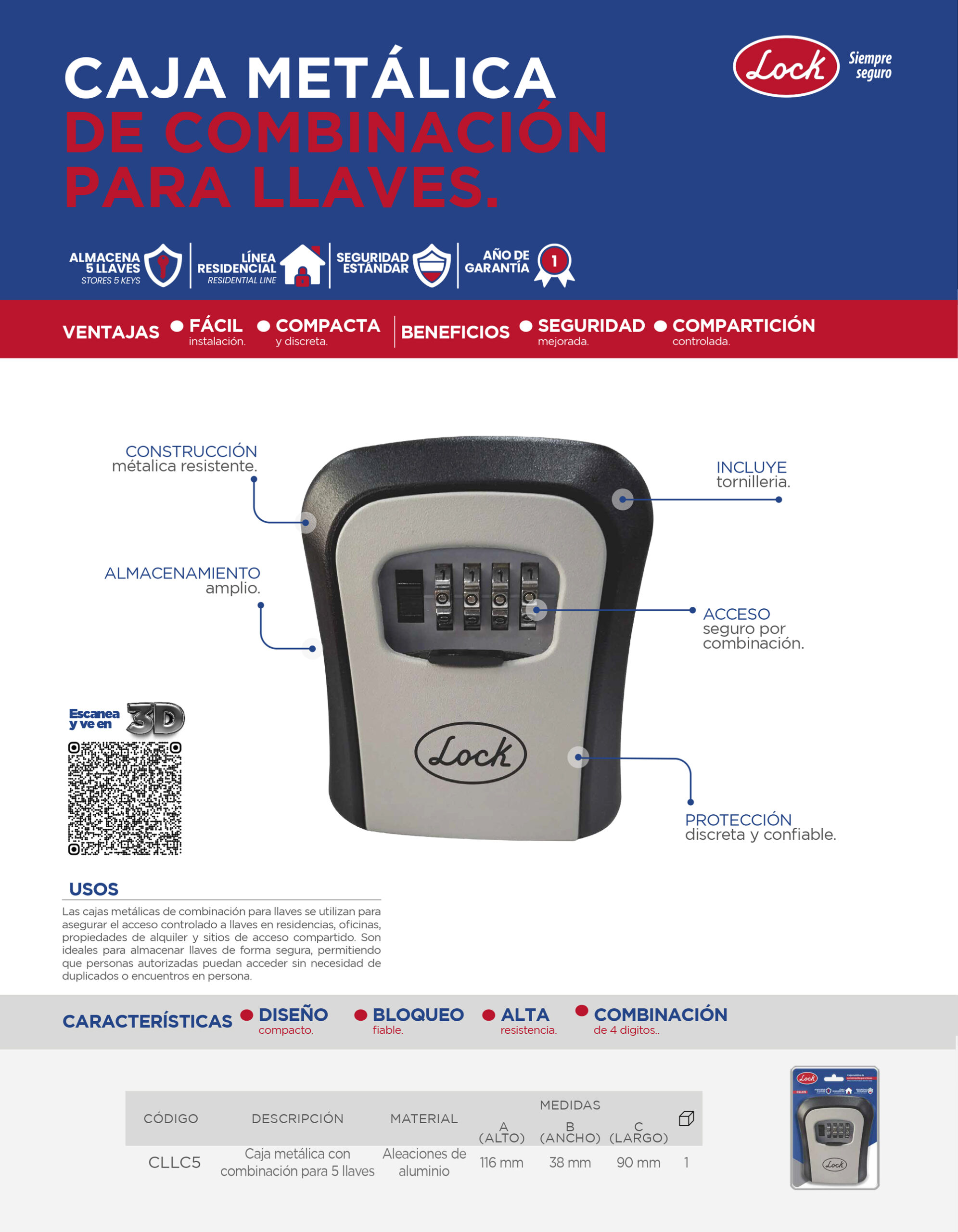 CLLC5 Caja metálica de combinación para 5 llaves, para pared Lock - Imagen 2