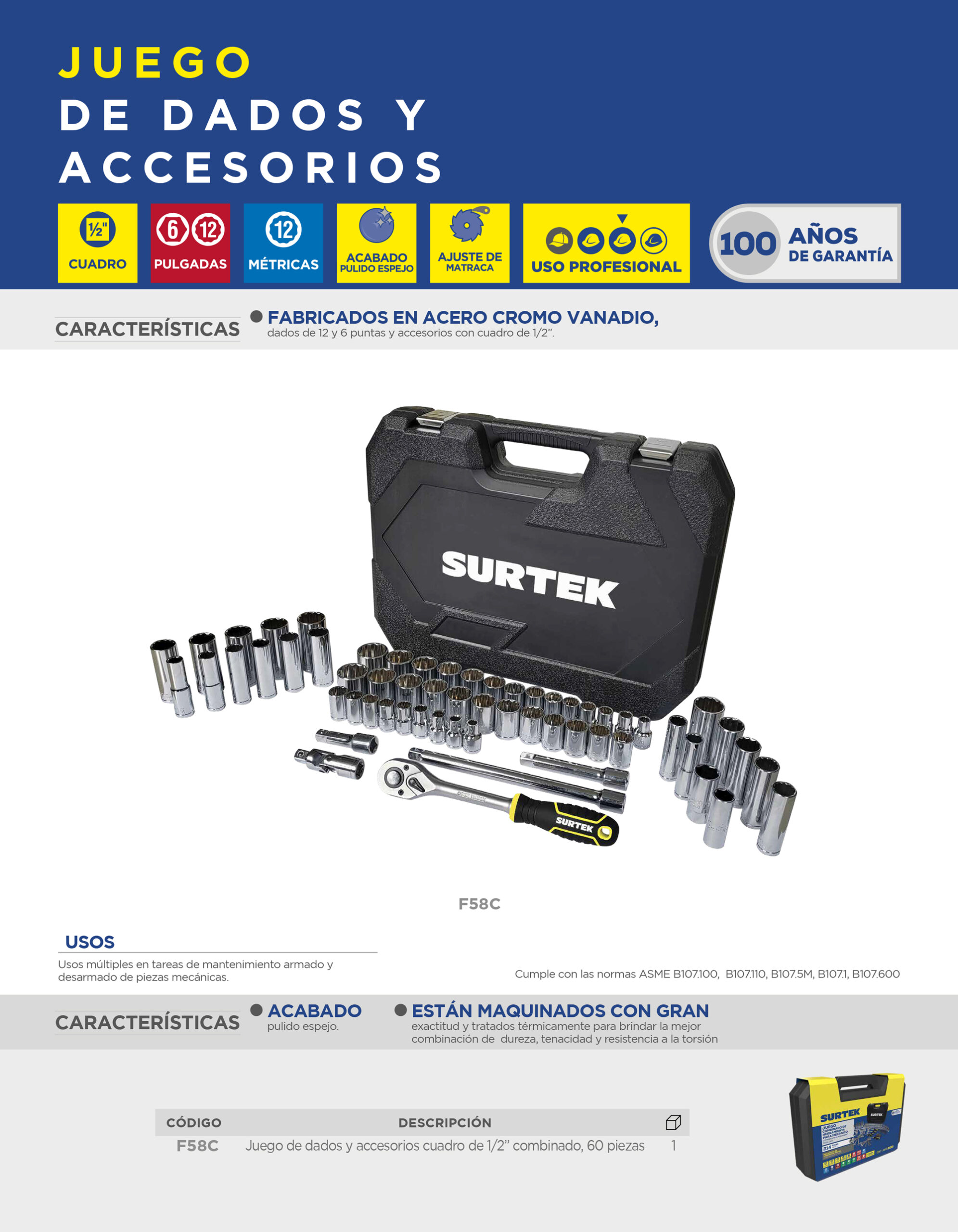 F58C Juego de dados y accesorios cuadro de 1/2" combinado, 60 piezas Surtek - Imagen 2