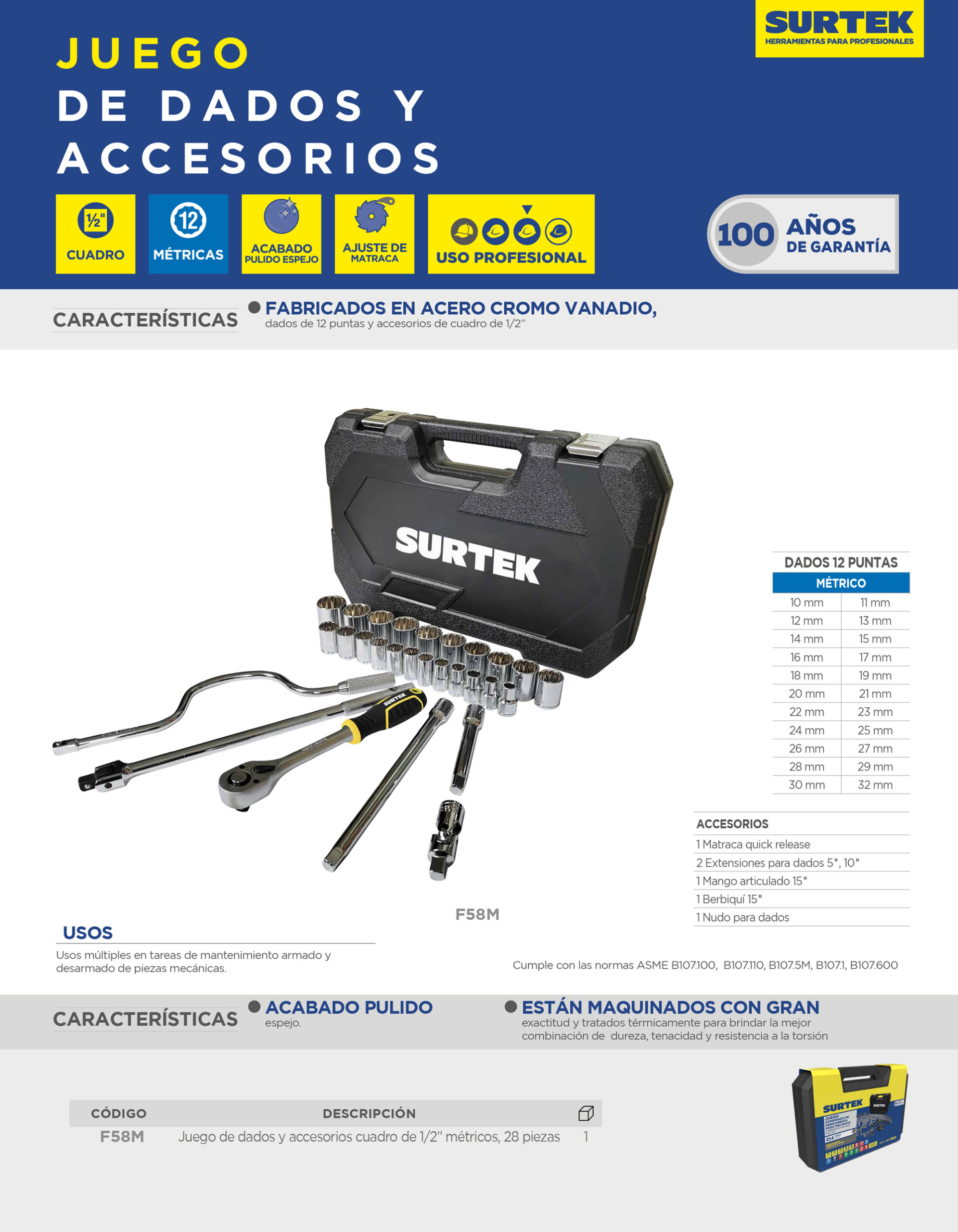 F58M Juego de dados y accesorios cuadro de 1/2" métrico, 28 piezas Surtek - Imagen 2