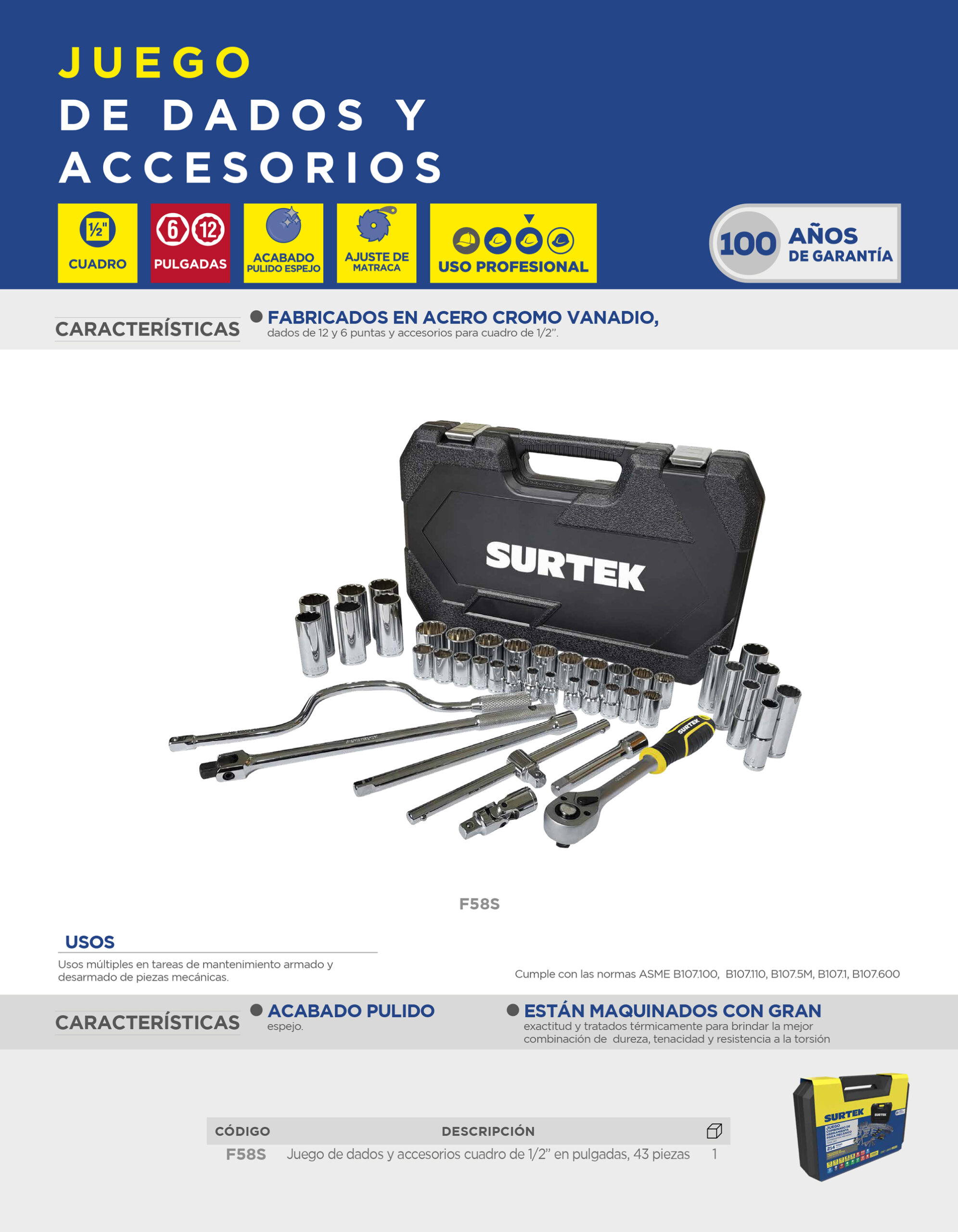 F58S Juego de dados y accesorios cuadro de 1/2" en pulgadas, 43 piezas Surtek - Imagen 2