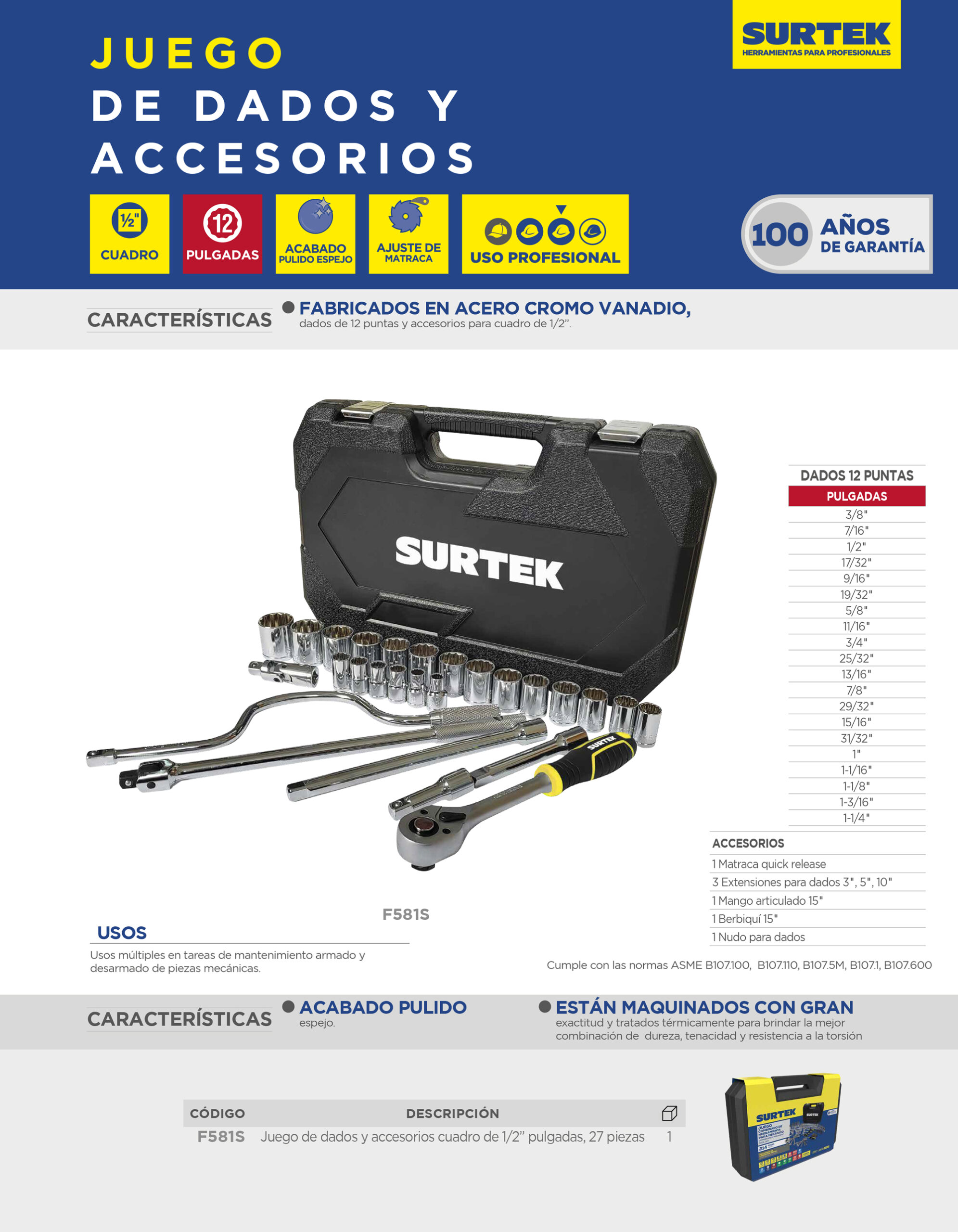 F581S Juego de dados y accesorios cuadro de 1/2" en pulgadas, 27 piezas Surtek - Imagen 2