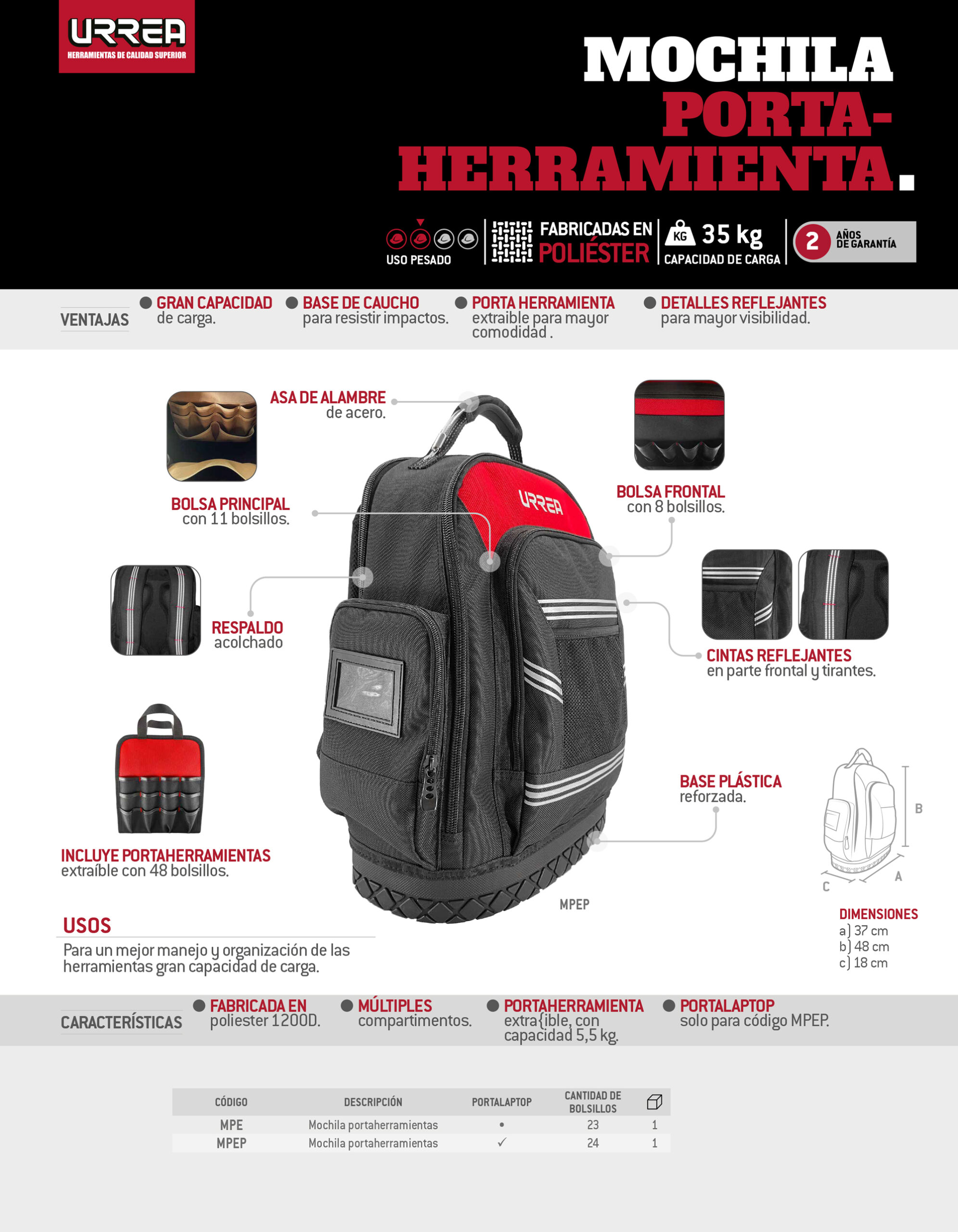 MPE Mochila portaherramientas de poliéster extraíble 17"x13"x10", c/asa alambre Urrea - Imagen 2