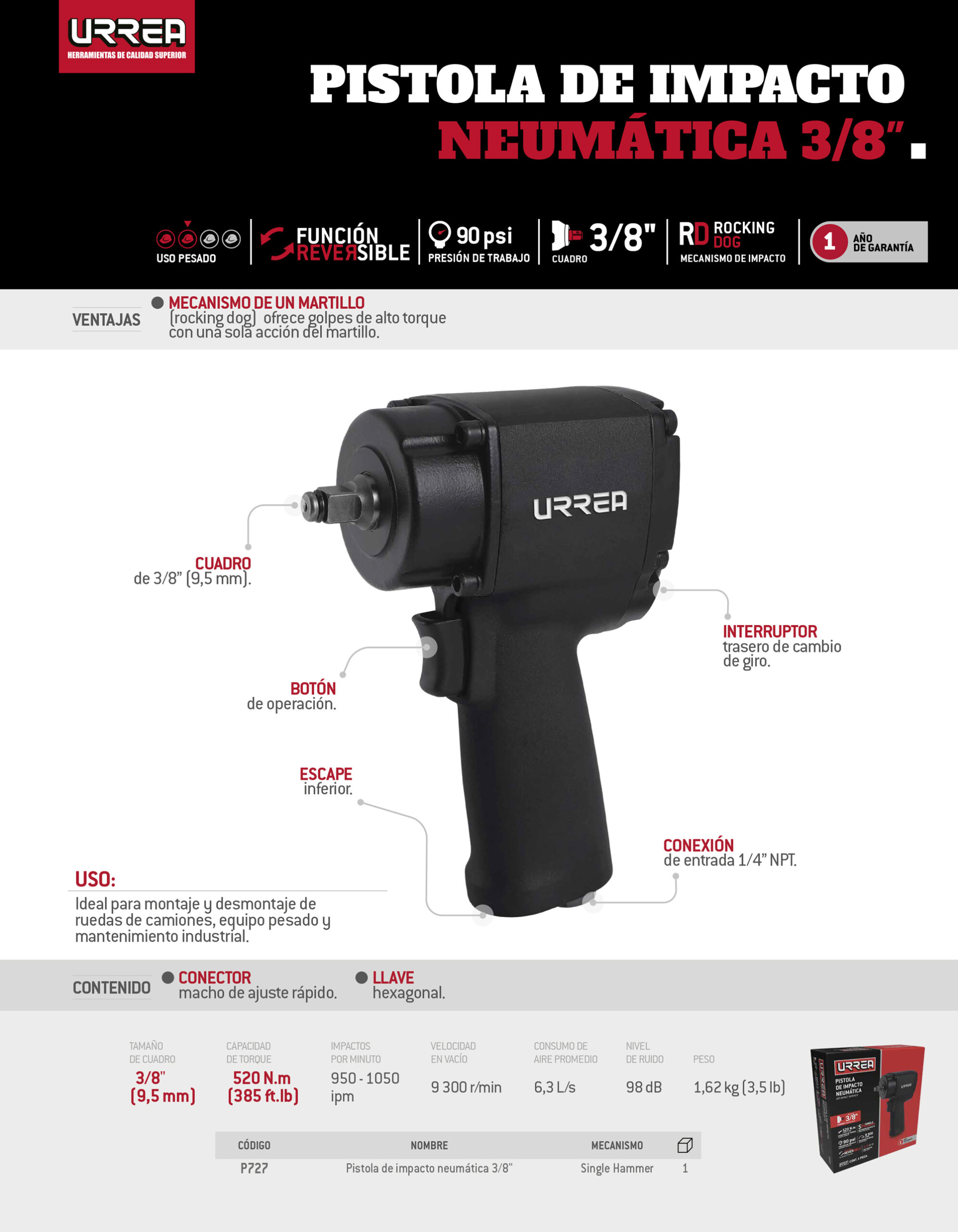 P727 Pistola de impacto neumática cuadro de 3/8" 385 Ft-lb sistema rocking dog Urrea - Imagen 2
