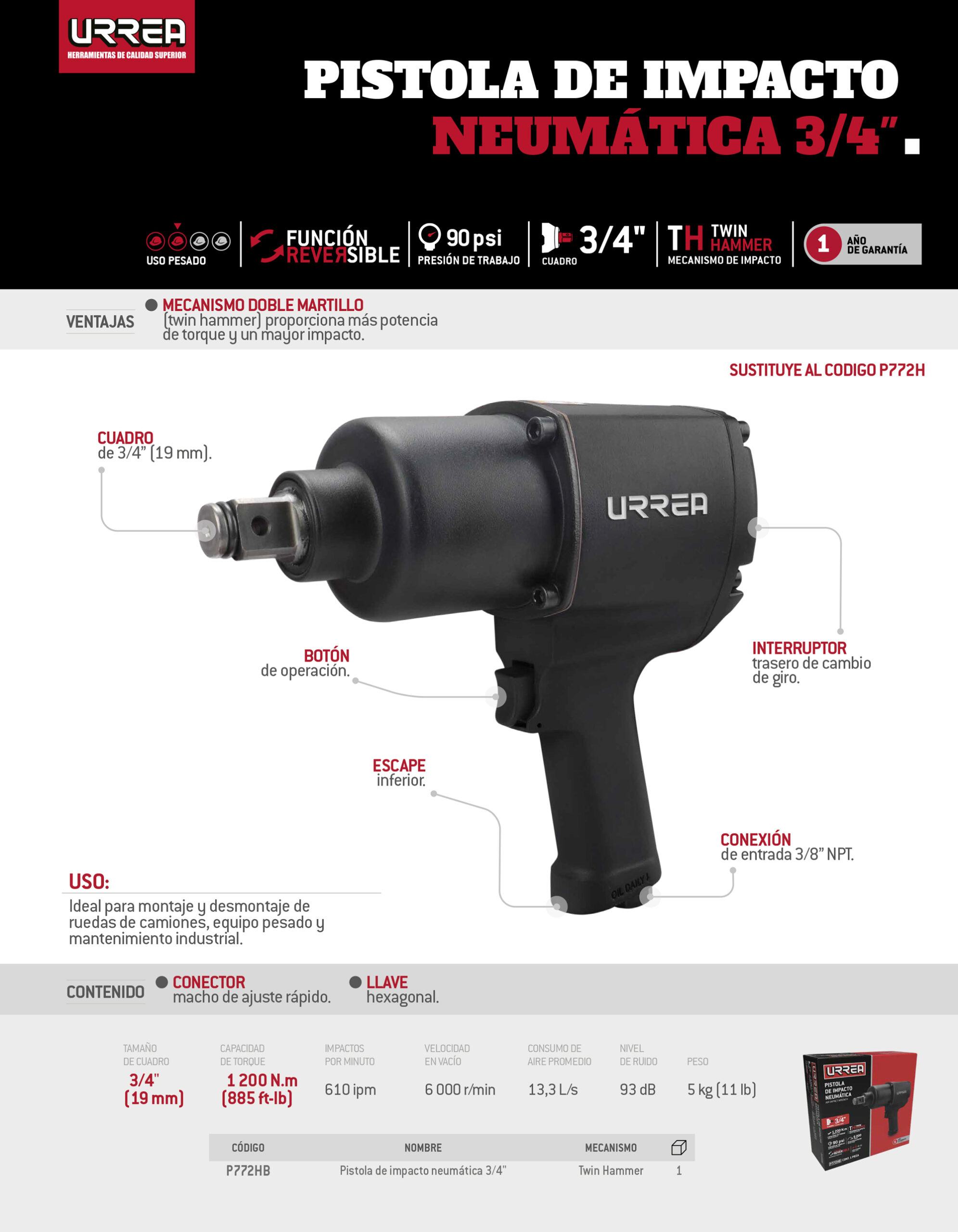 P772HB Pistola de impacto neumática cuadro de 3/4" 885 Ft-lb sistema twin hammer Urrea - Imagen 2