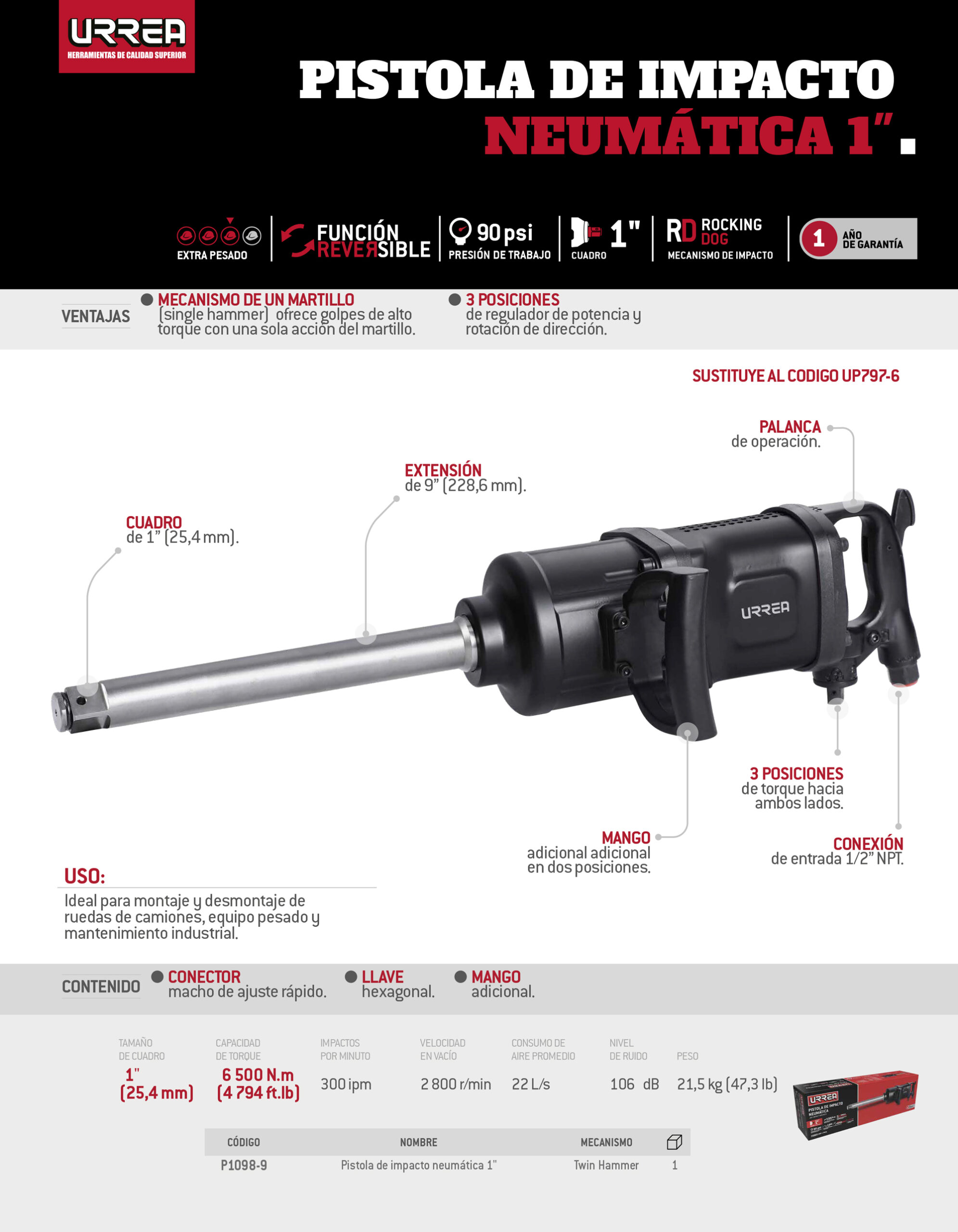 P1098-9 Pistola de impacto neumática cuadro de 1" 4,500 Ft-lb con extensión 9" sistema twin hammer Urrea - Imagen 2
