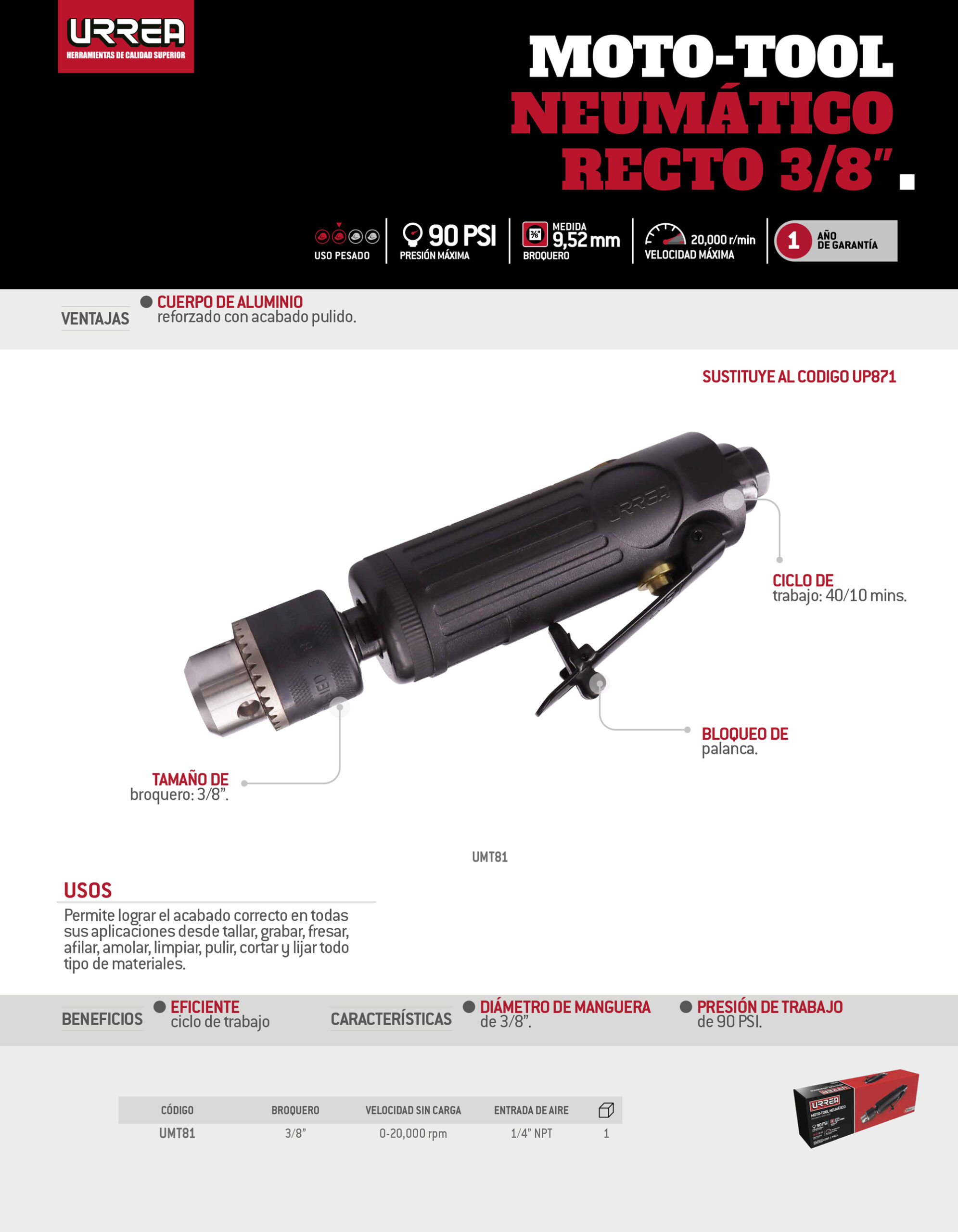 UMT81 Moto-tool neumático recto 3/8" 20,000RPM Urrea - Imagen 2
