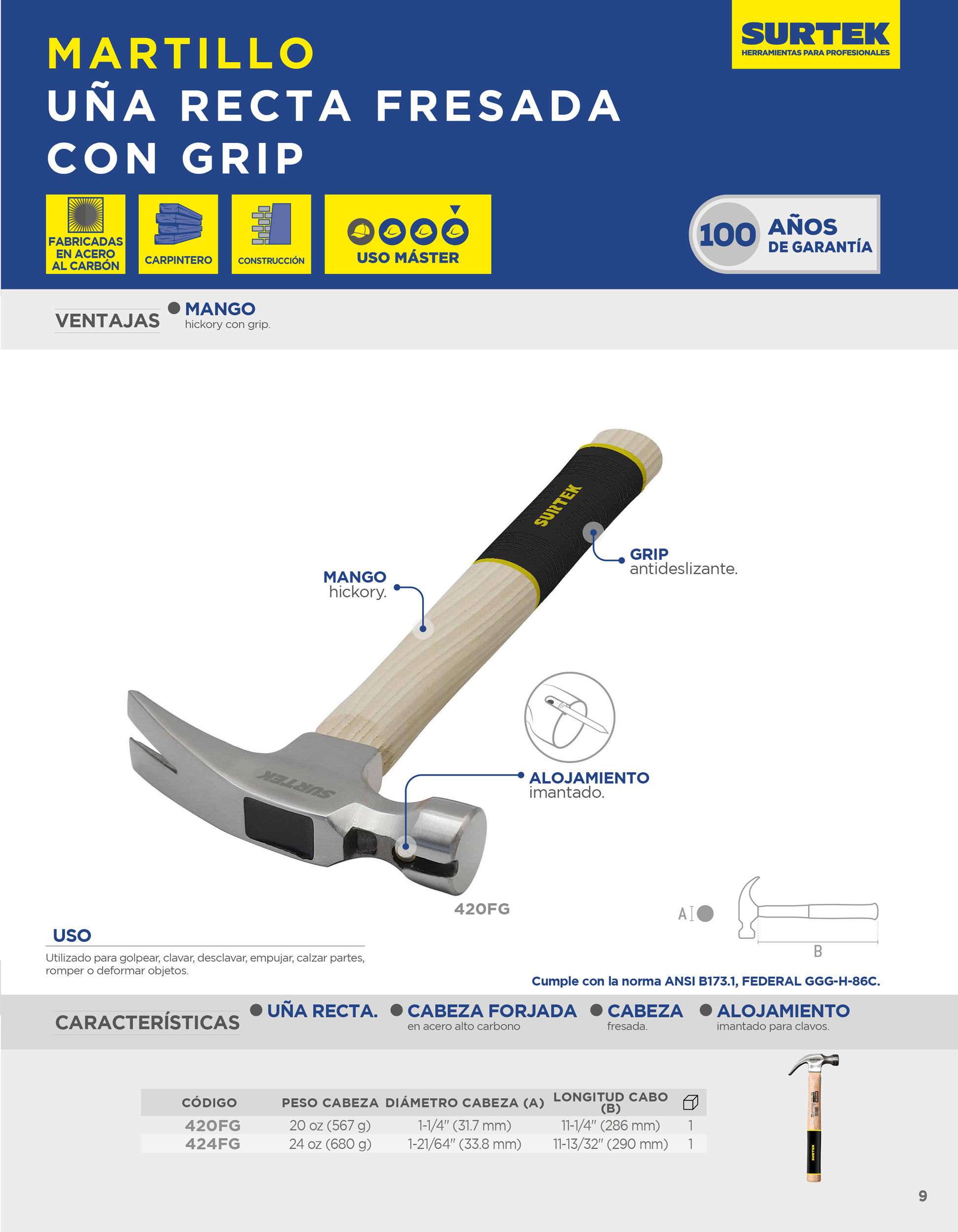 424FG Martillo de uña recta con cabeza fresada con mango de madera, 24 oz Surtek - Imagen 2