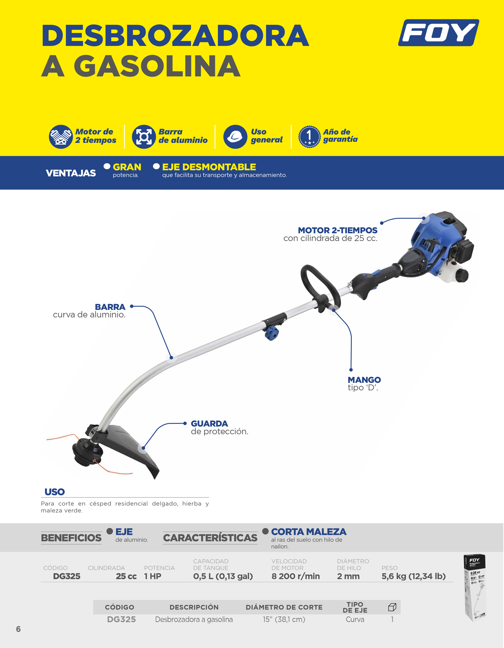 DG325 Desbrozadora a gasolina curva 16.3" 25 cc Foy - Imagen 2
