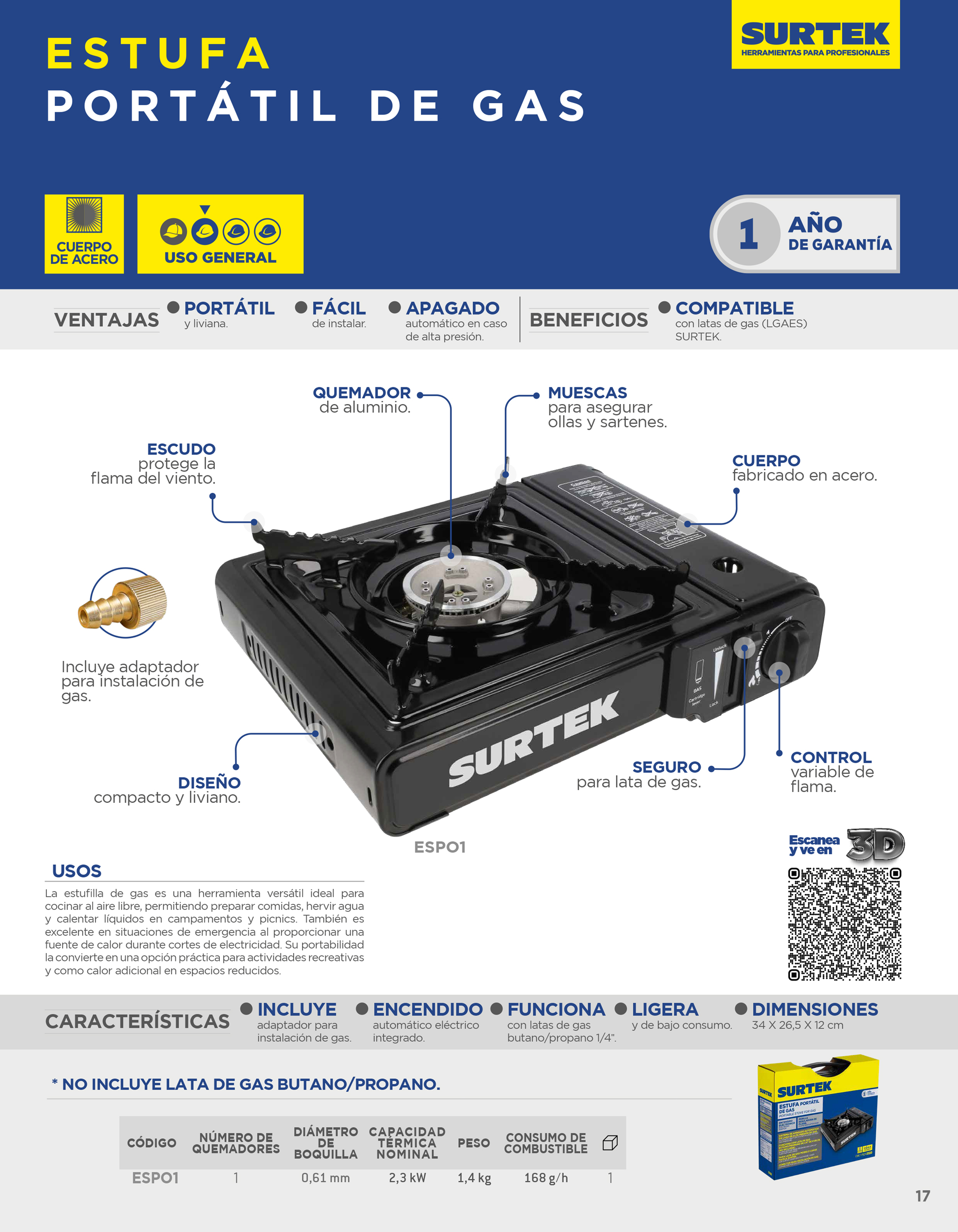 ESPO1 Estufa portátil de gas, con encendido electrónico para lata válvula 1/4 de vuelta Surtek - Imagen 2