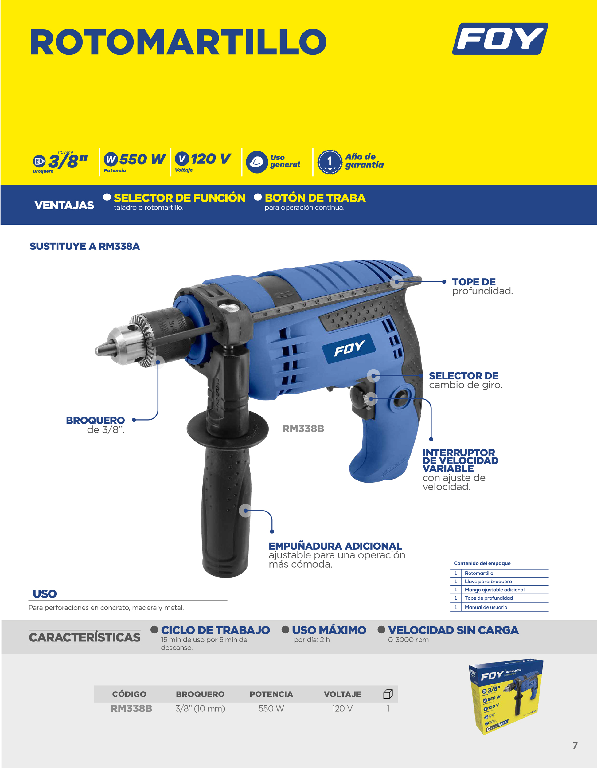 RM338B Rotomartillo 3/8" 500 W 120 V, 0 - 3,000 RPM con mango adicional ajustable Foy - Imagen 2