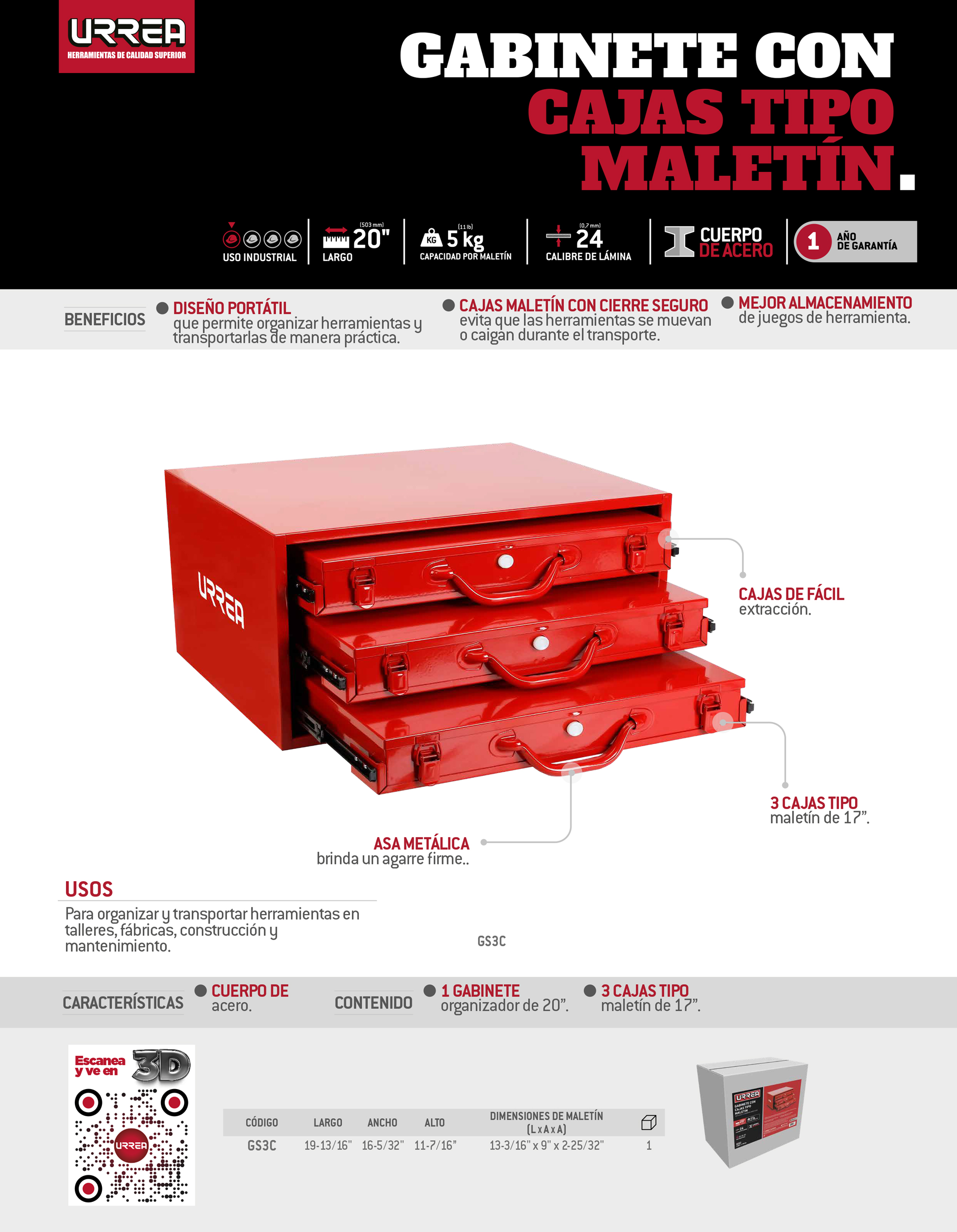 GS3C Gabinete superior con 3 cajas tipo maletín 20" Urrea - Imagen 2