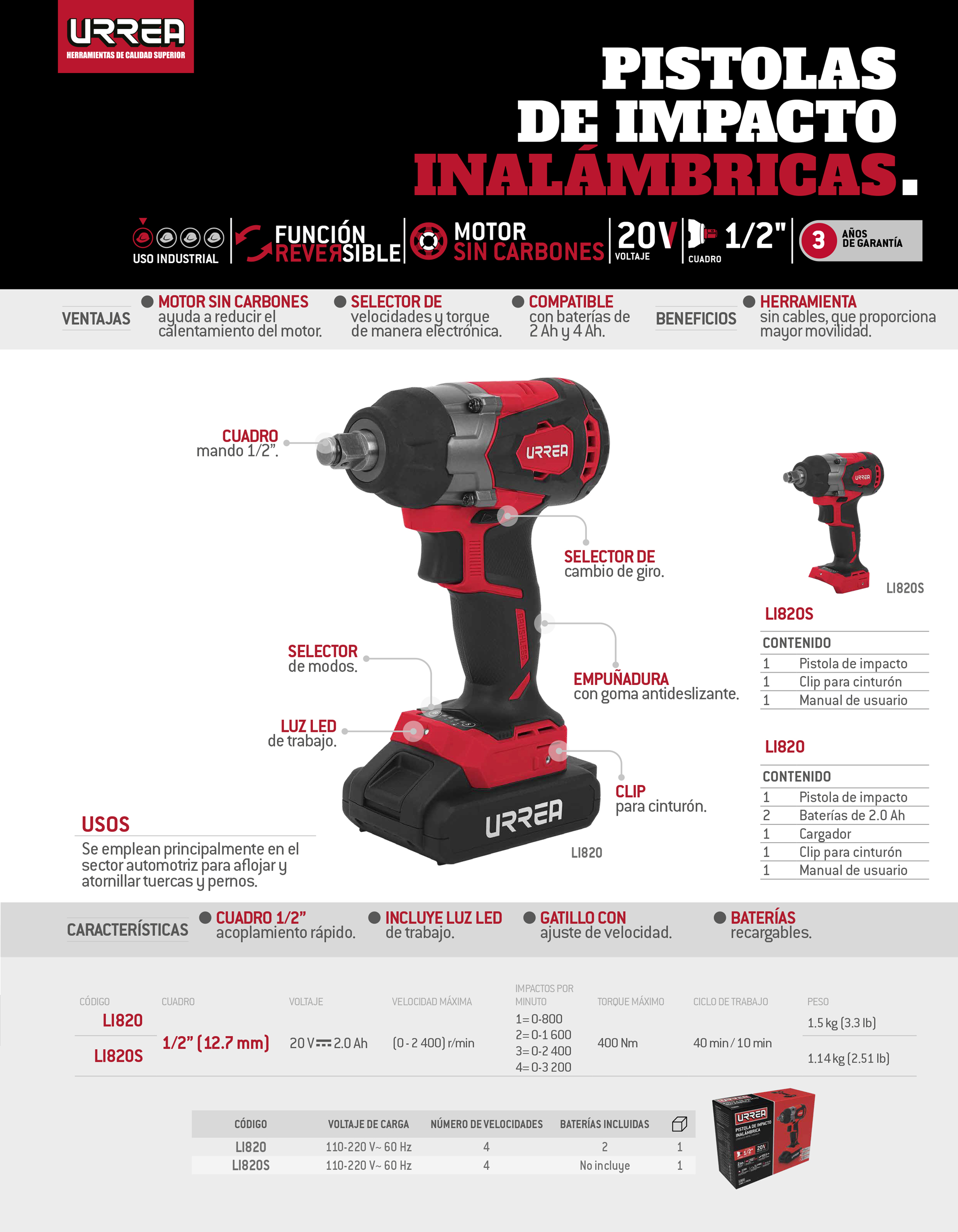 LI820 Pistola de impacto 1/2" a batería Litio-ion 20 V 400 Nm Urrea - Imagen 2