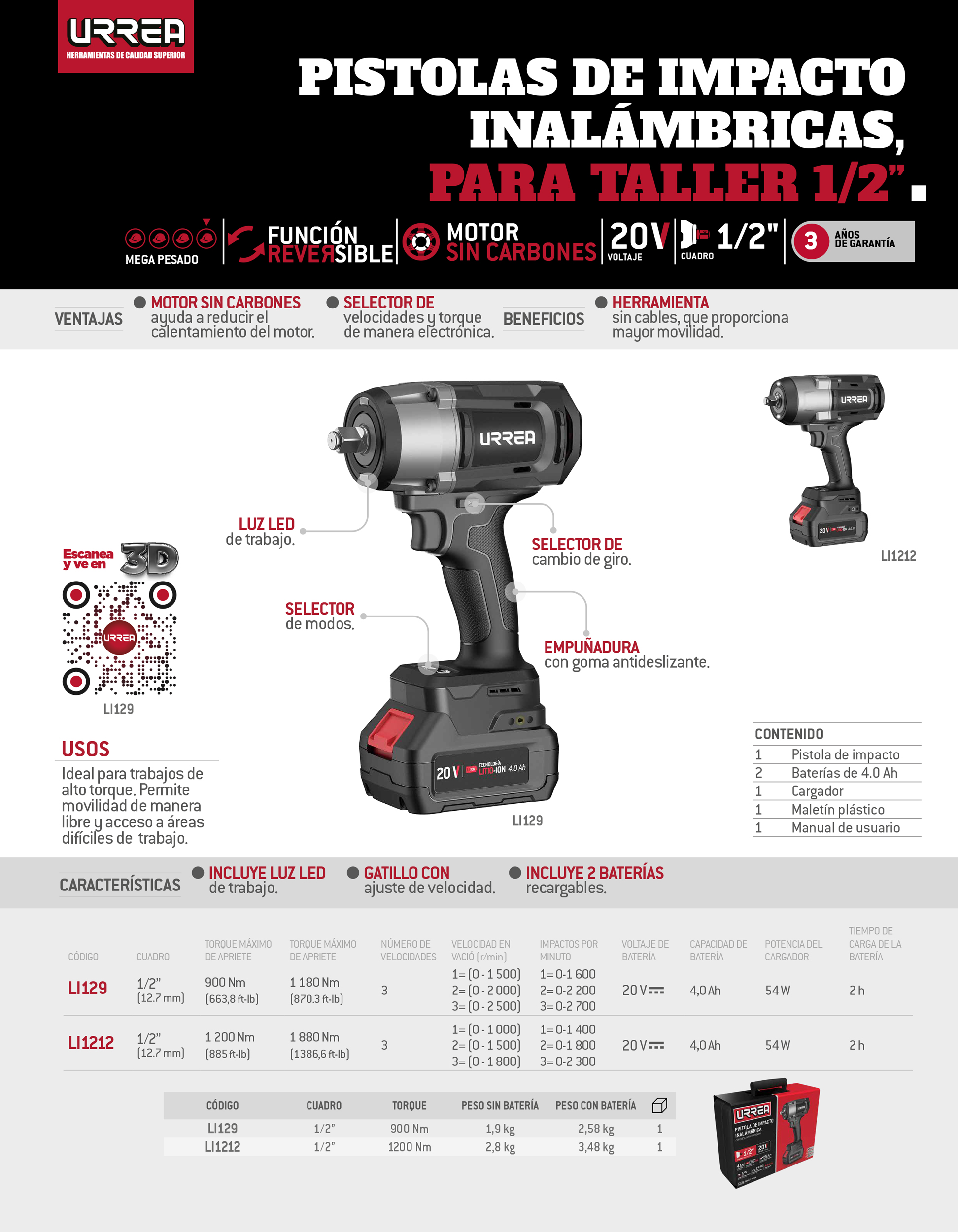 LI129 Pistola de impacto 1/2" a batería Litio-ion 20 V 900 Nm Urrea - Imagen 2