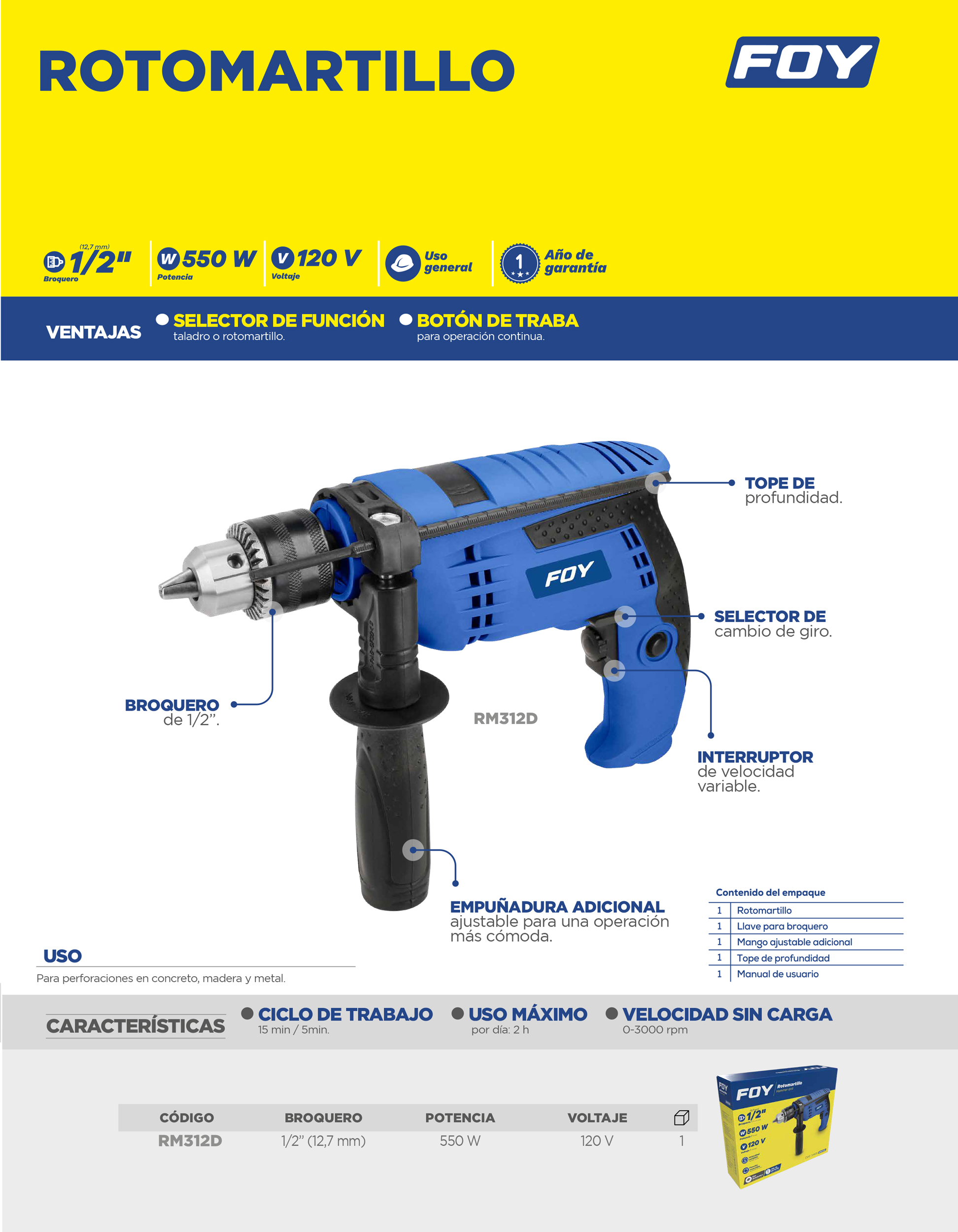 RM312D Rotomartillo 1/2" 500 W 120 V, 0 - 3,000 RPM con mango adicional ajustable Foy - Imagen 2