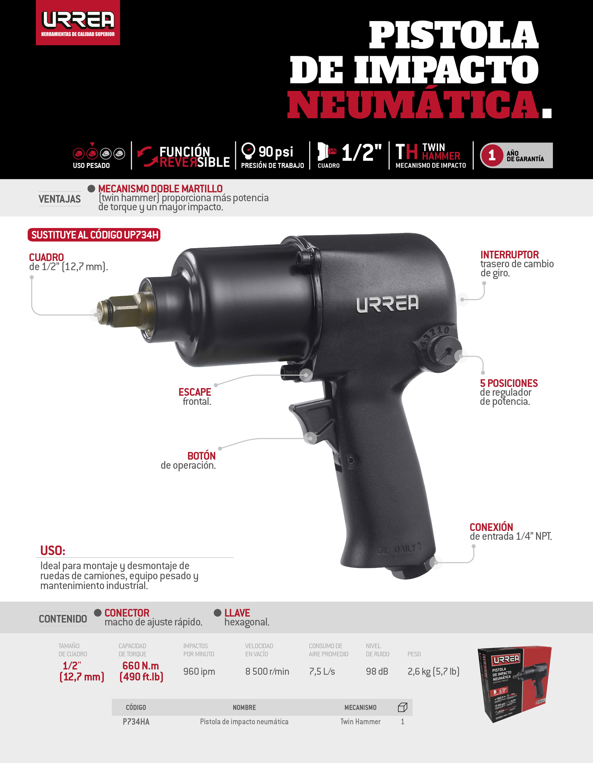P734HA Pistola de impacto neumática cuadro de 1/2" 490 Ft-lb composite sistema twin hammer Urrea - Imagen 2