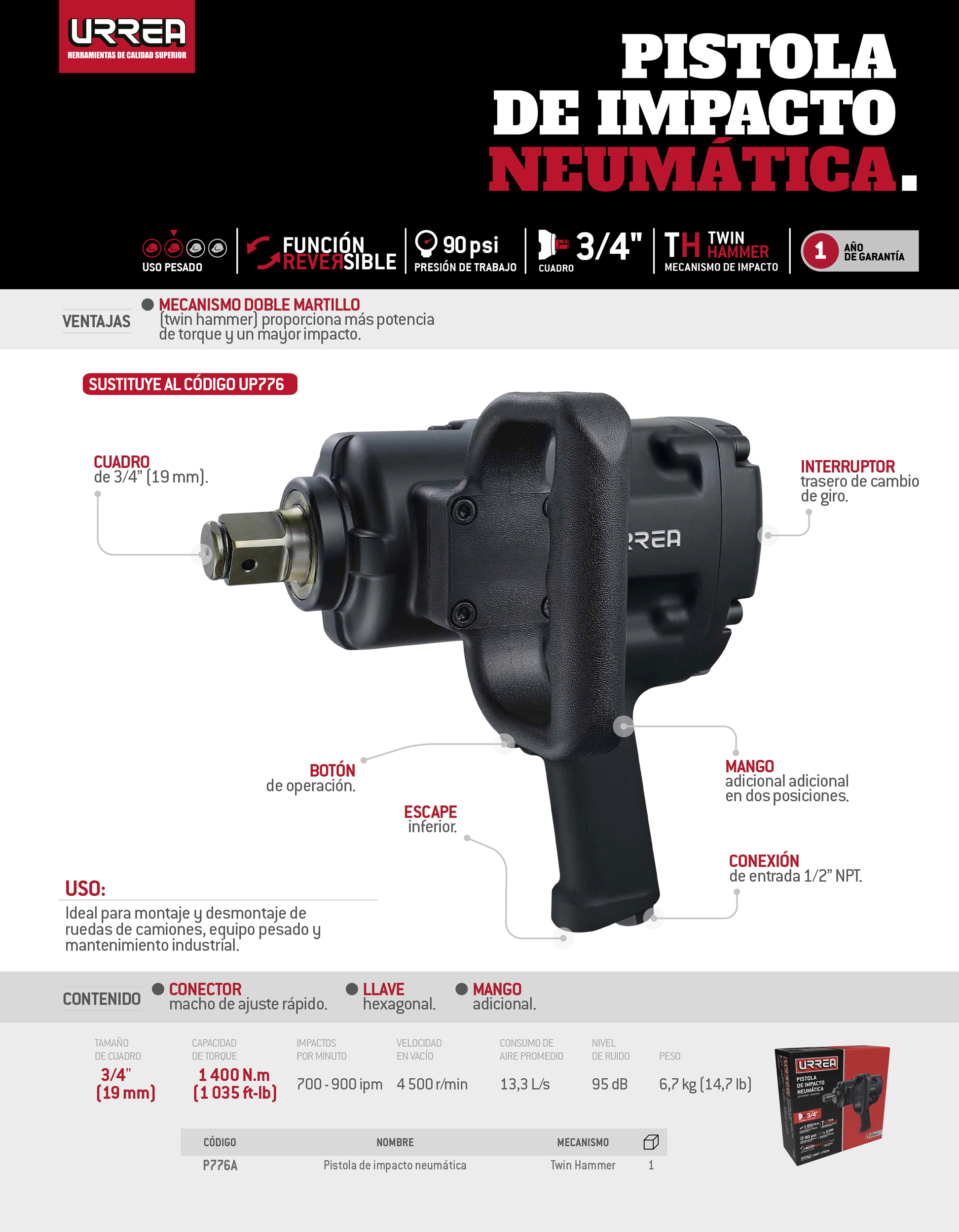 P776A Pistola de impacto neumática cuadro de 3/4" 1,035 Ft-lb sistema twin hammer Urrea - Imagen 2