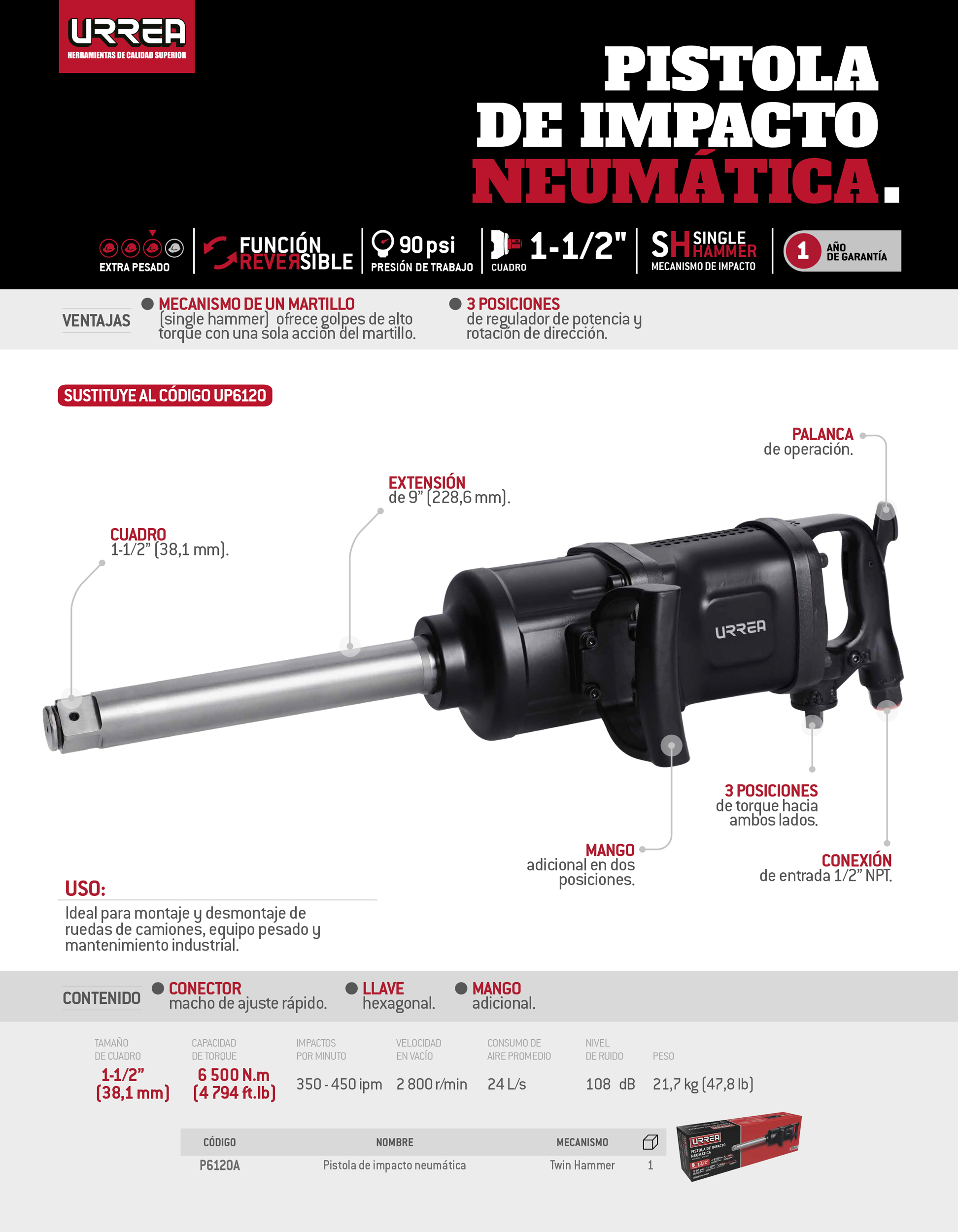 P6120A Pistola de impacto neumática cuadro de 1-1/2" 4,500 Ft-lb con extensión 9" Urrea - Imagen 2