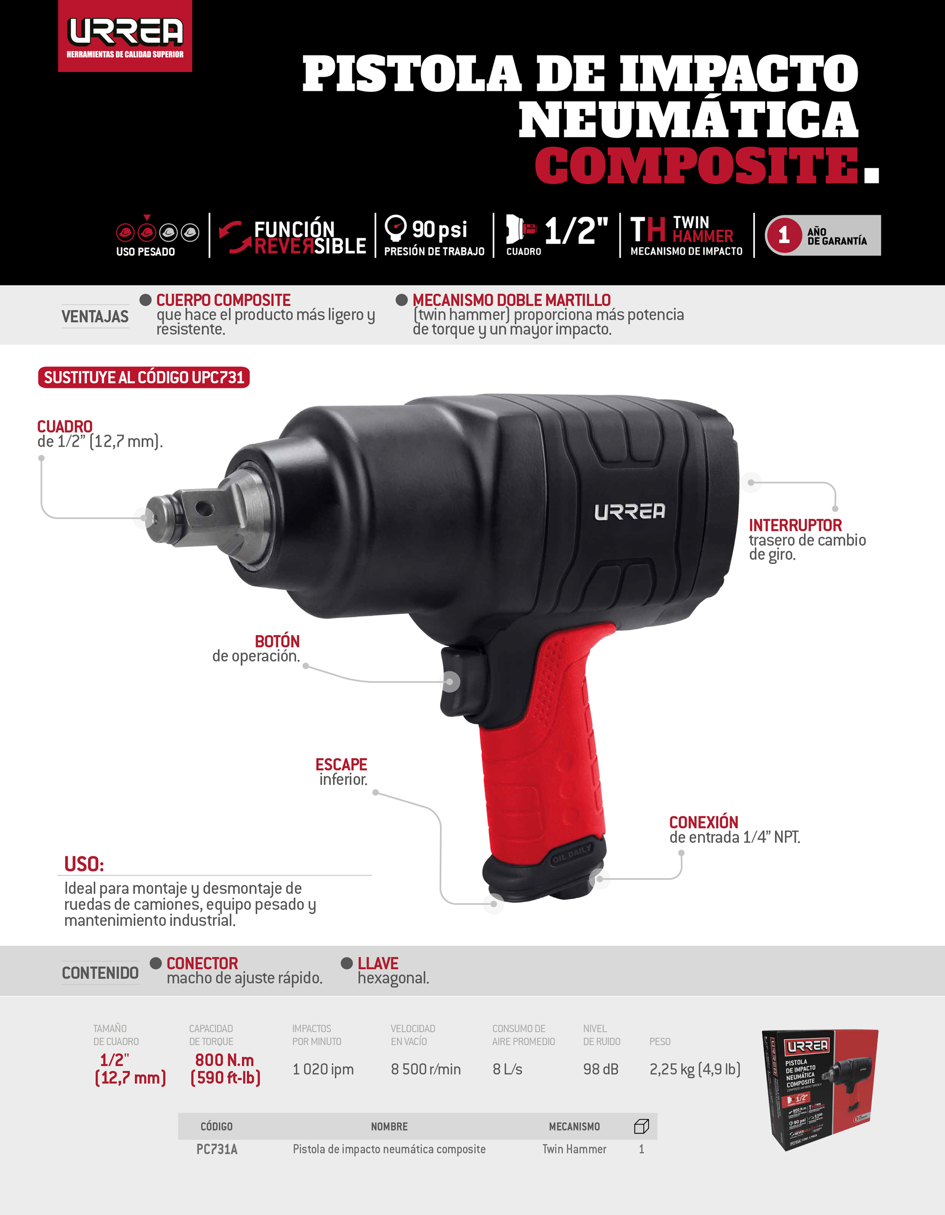 PC731A Pistola de impacto neumática cuadro de 1/2" 590 Ft-lb composite sistema twin hammer Urrea - Imagen 2
