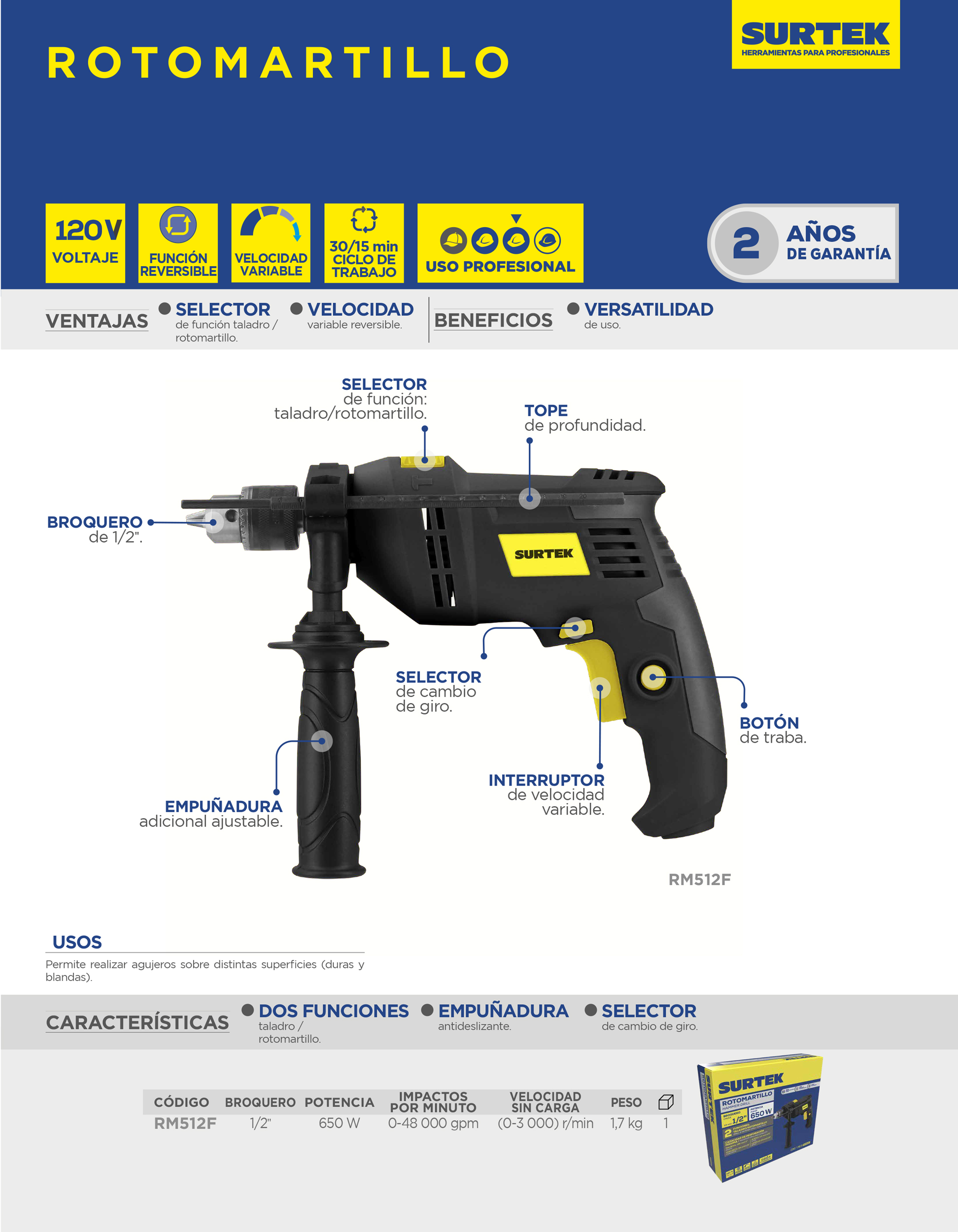RM512F Rotomartillo 1/2" 650 W 127 V, 0 - 3,000 RPM con botón de traba para trabajos continuos Surtek - Imagen 2
