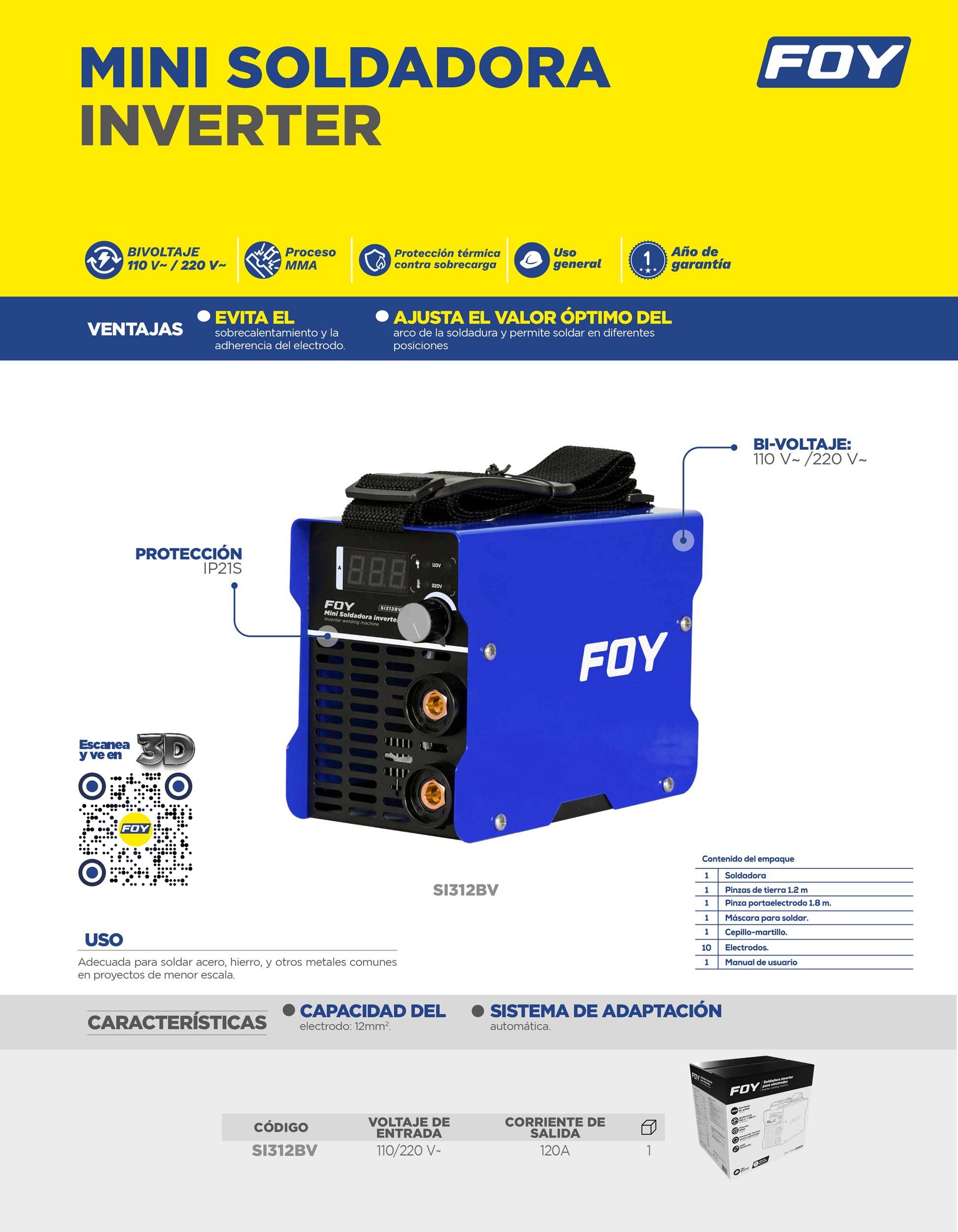 SI312BV Mini soldadora inverter para electrodos bi voltaje 110-220 V, 120 A Foy - Imagen 2