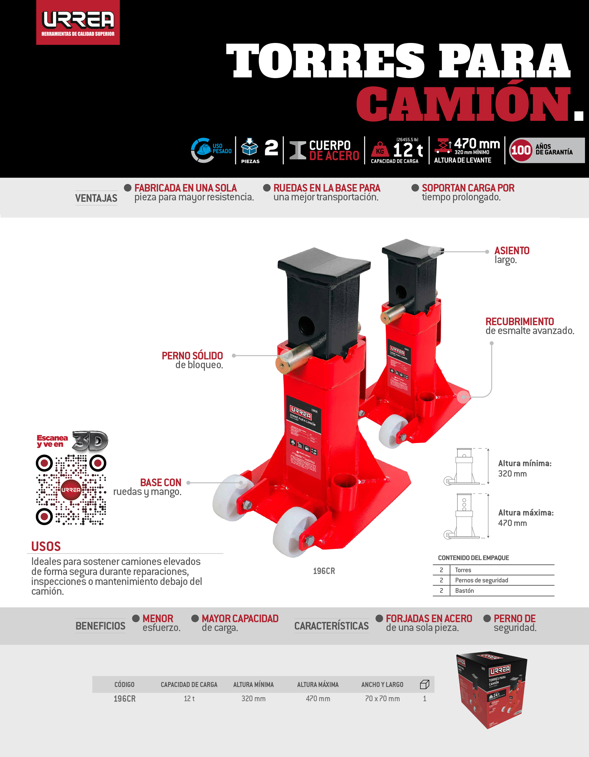 196CR Torres para camión de hierro fundido 12 ton con ruedas, 2 piezas Urrea - Imagen 2
