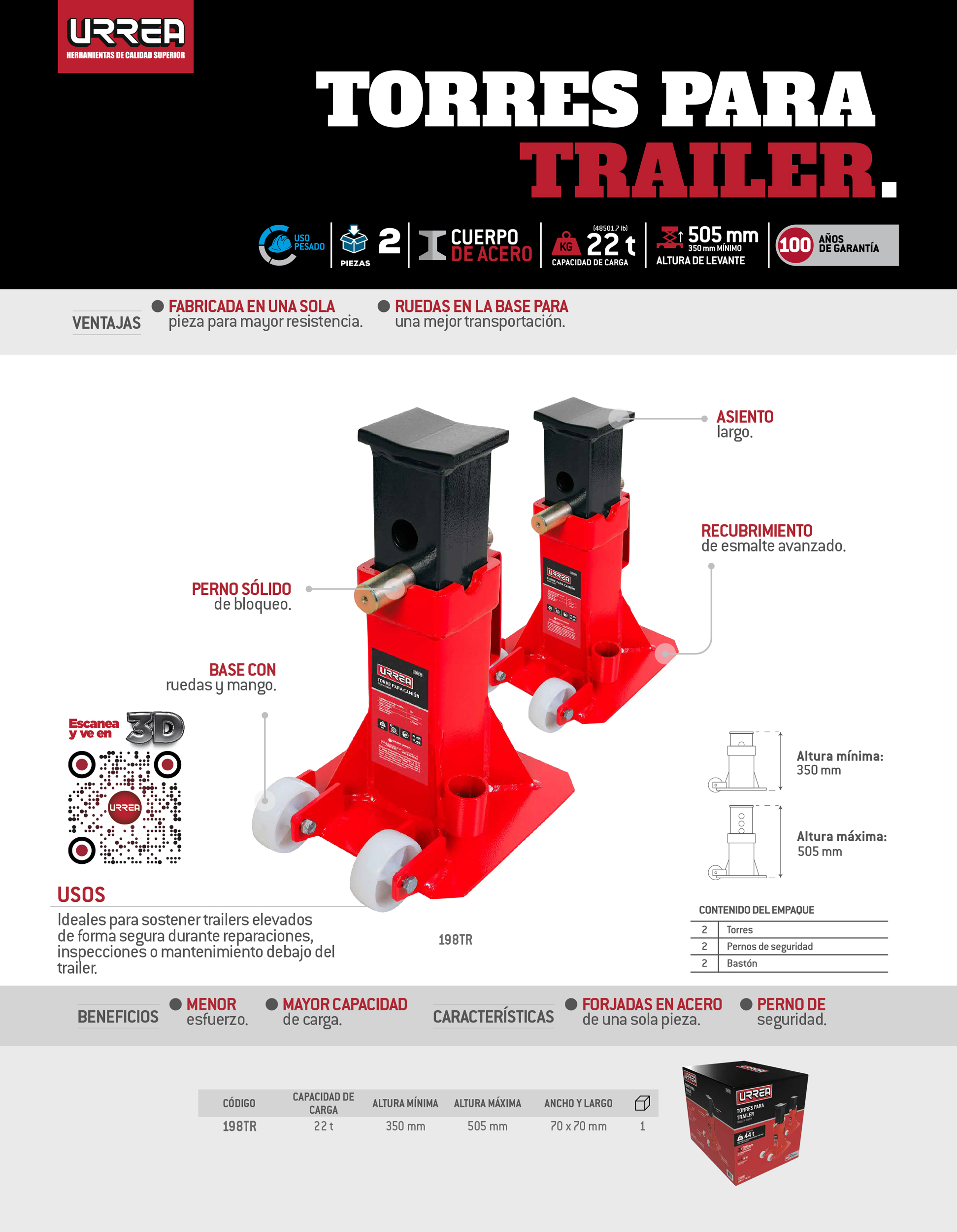 198TR Torres para tráiler de hierro fundido 22 ton con ruedas, 2 piezas Urrea - Imagen 2