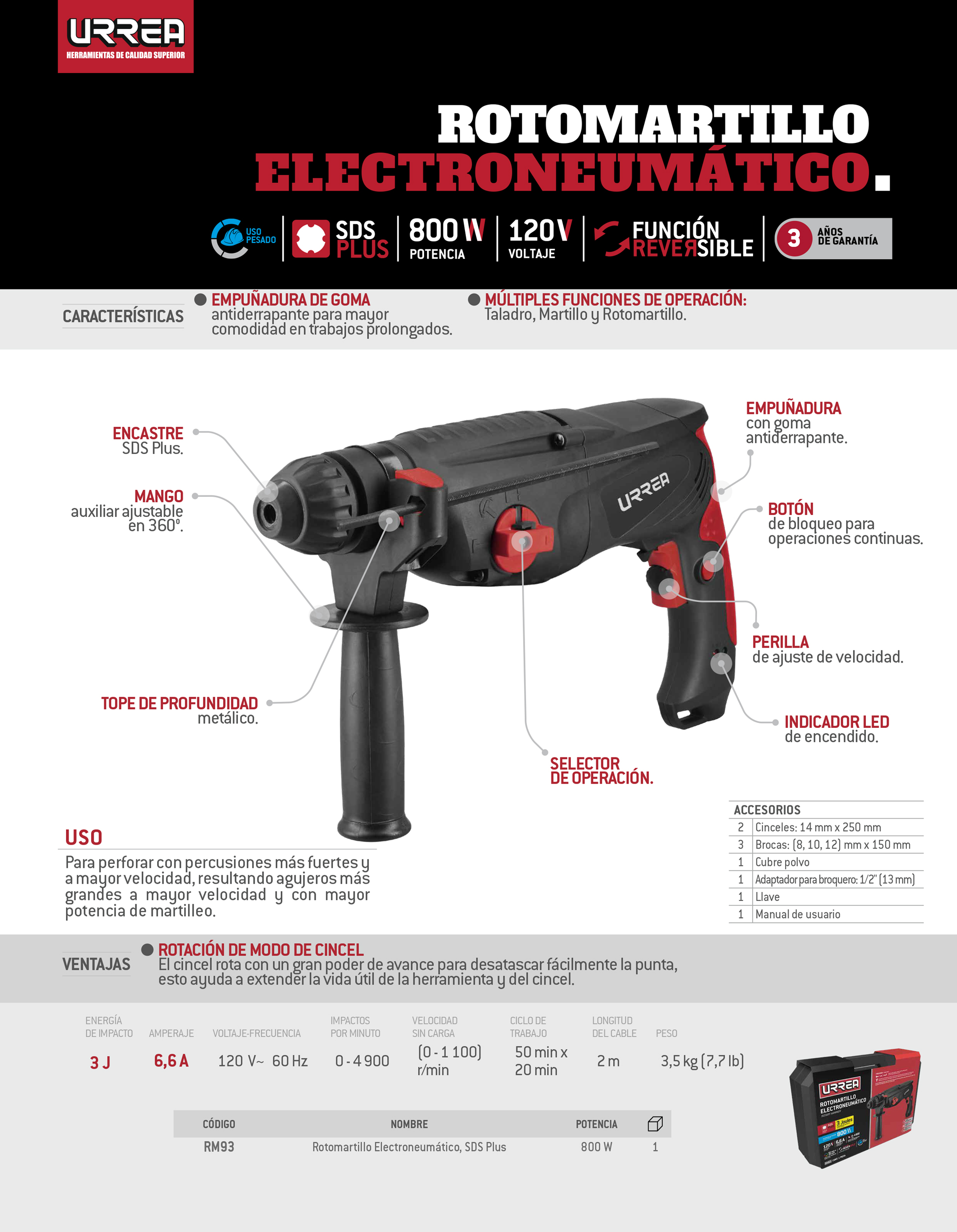RM93 Rotomartillo electroneumático SDS Plus 800 W, 120 V, 3J, 0-1100 RPM Urrea - Imagen 2