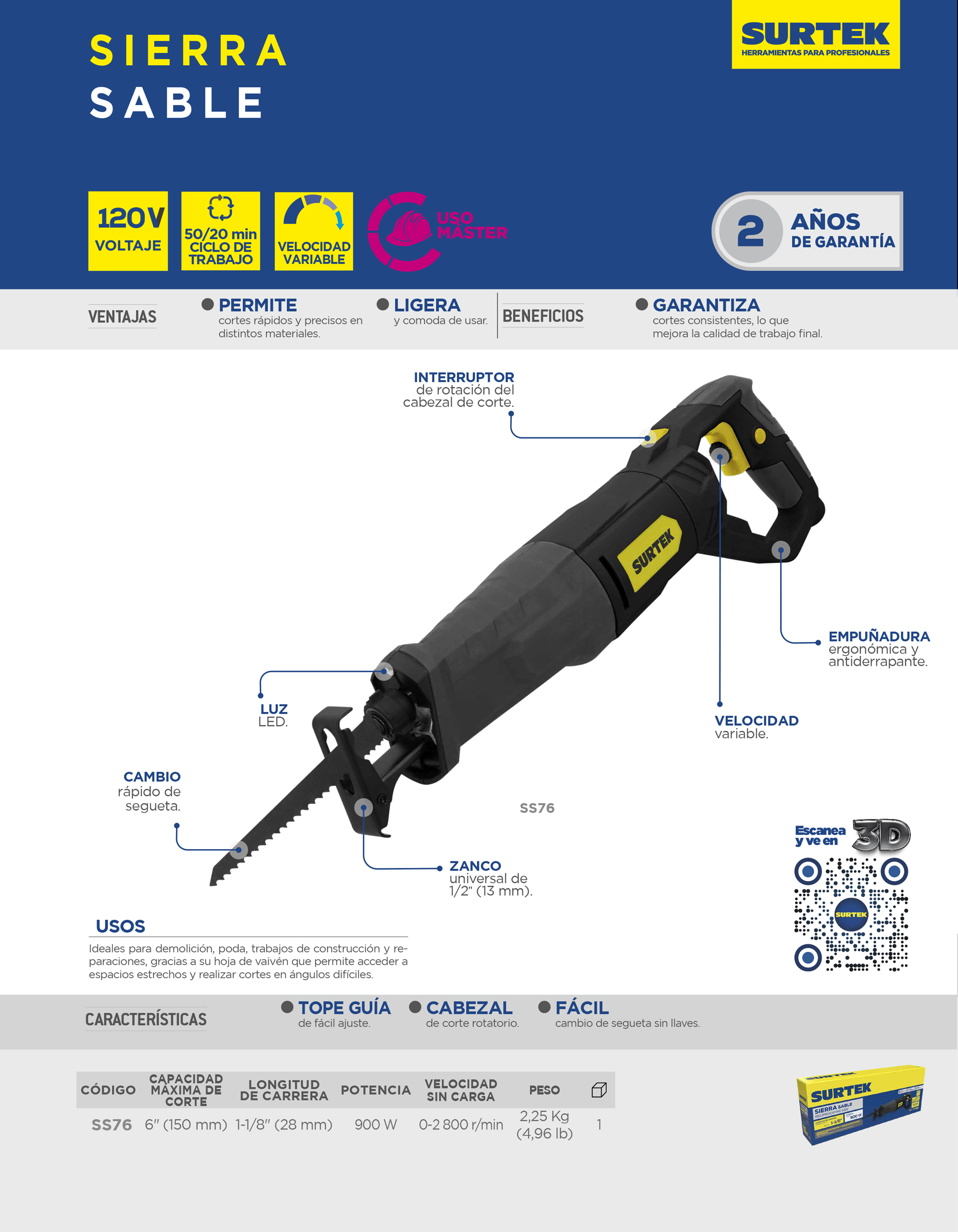 SS76 Sierra sable 6" 900 W 120 V, 0 - 2,800 RPM Surtek - Imagen 2