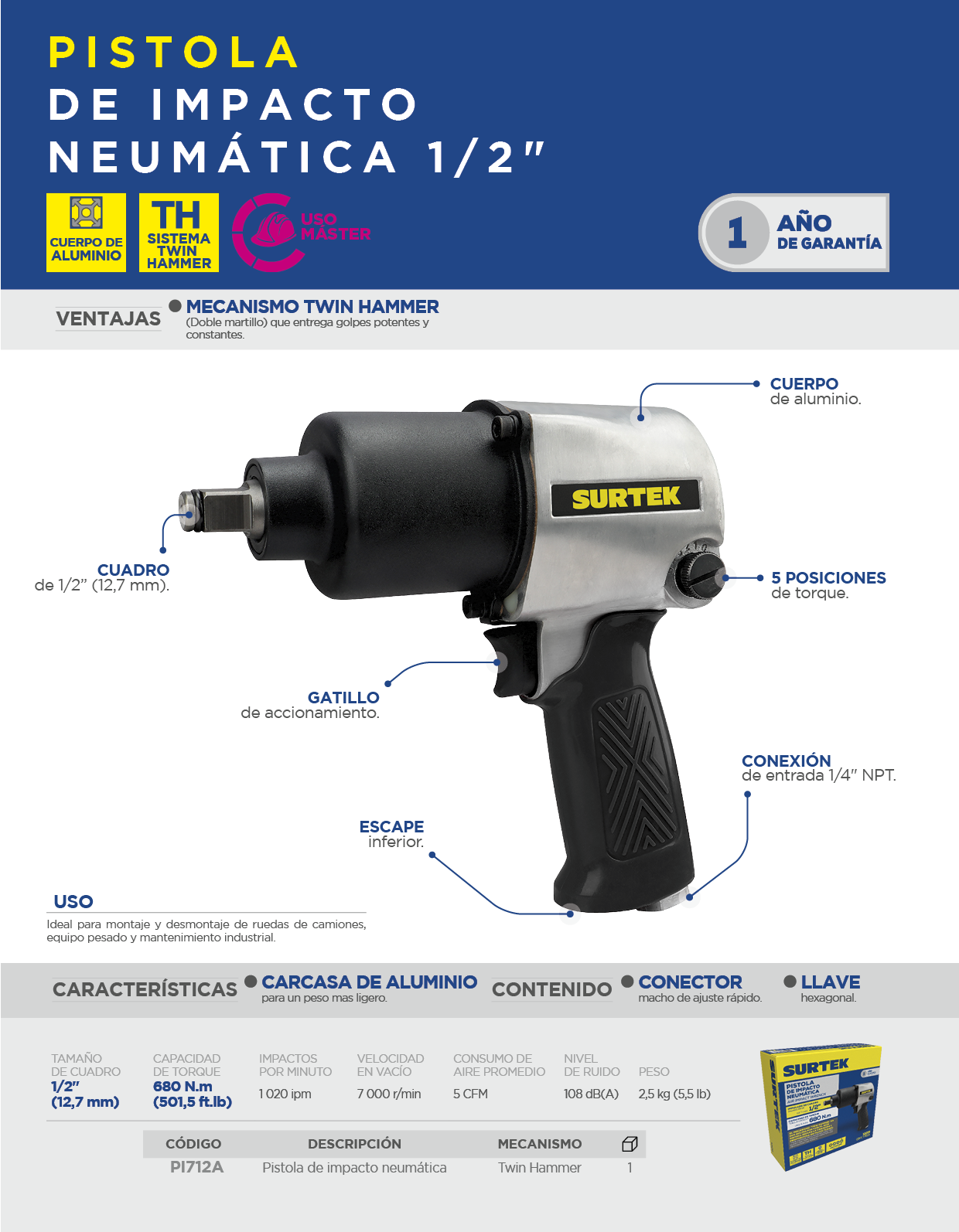 PI712A Pistola de impacto neumática cuadro de 1/2" 500 Ft-lb sistema twin hammer Surtek - Imagen 2