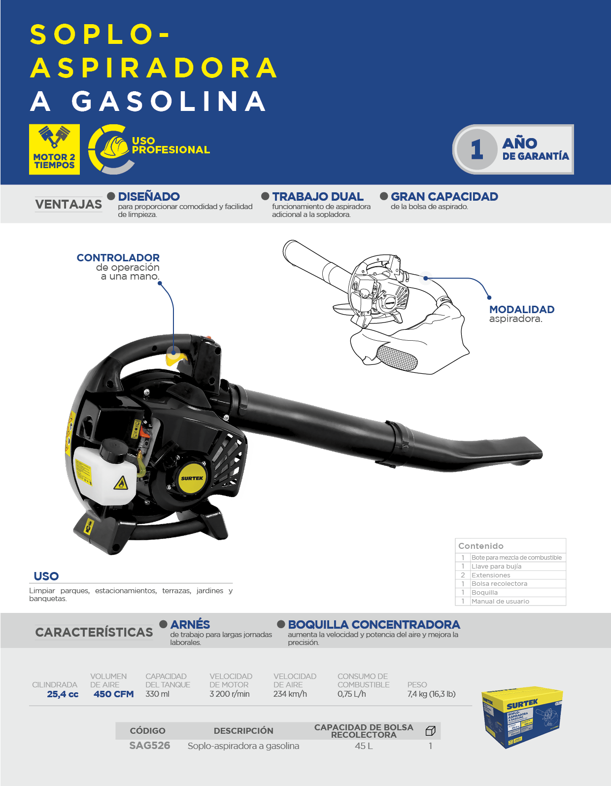 SAG526 Sopladora/aspiradora con motor a gasolina 26cc Surtek - Imagen 2