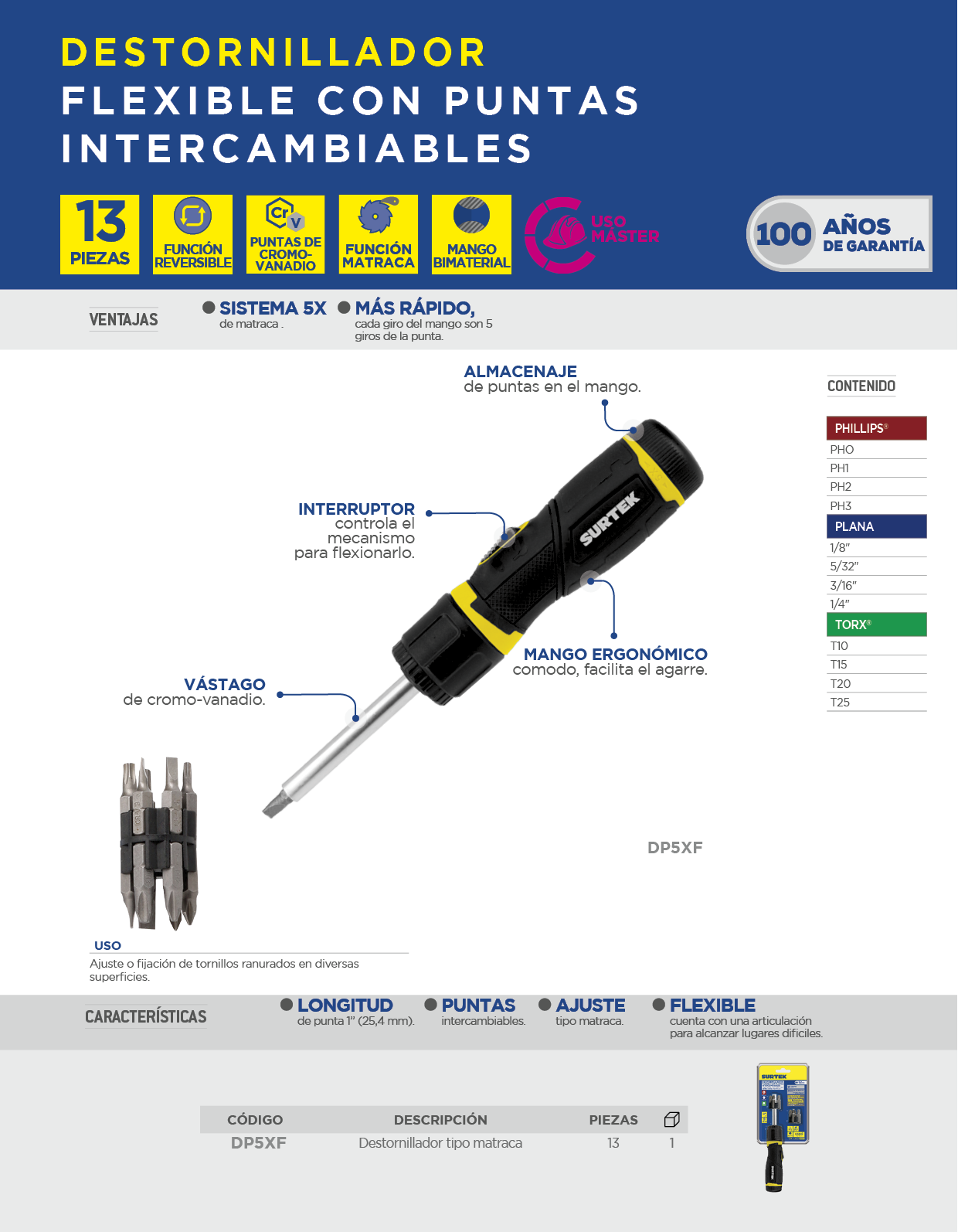 DP5XF Destornillador con mango bimaterial flexible de matraca reversible 5X con puntas intercambiables 13 en 1 Surtek - Imagen 2