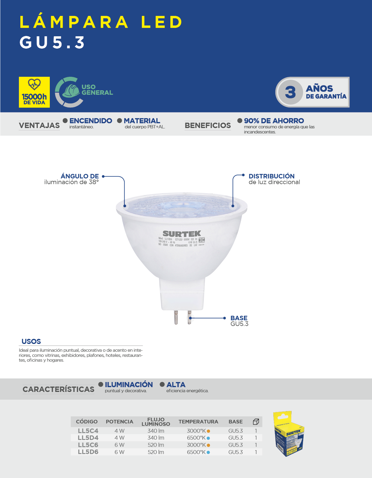 LL5D4 Lámpara de LED tipo GU5.3, 4 W luz de día Surtek - Imagen 2