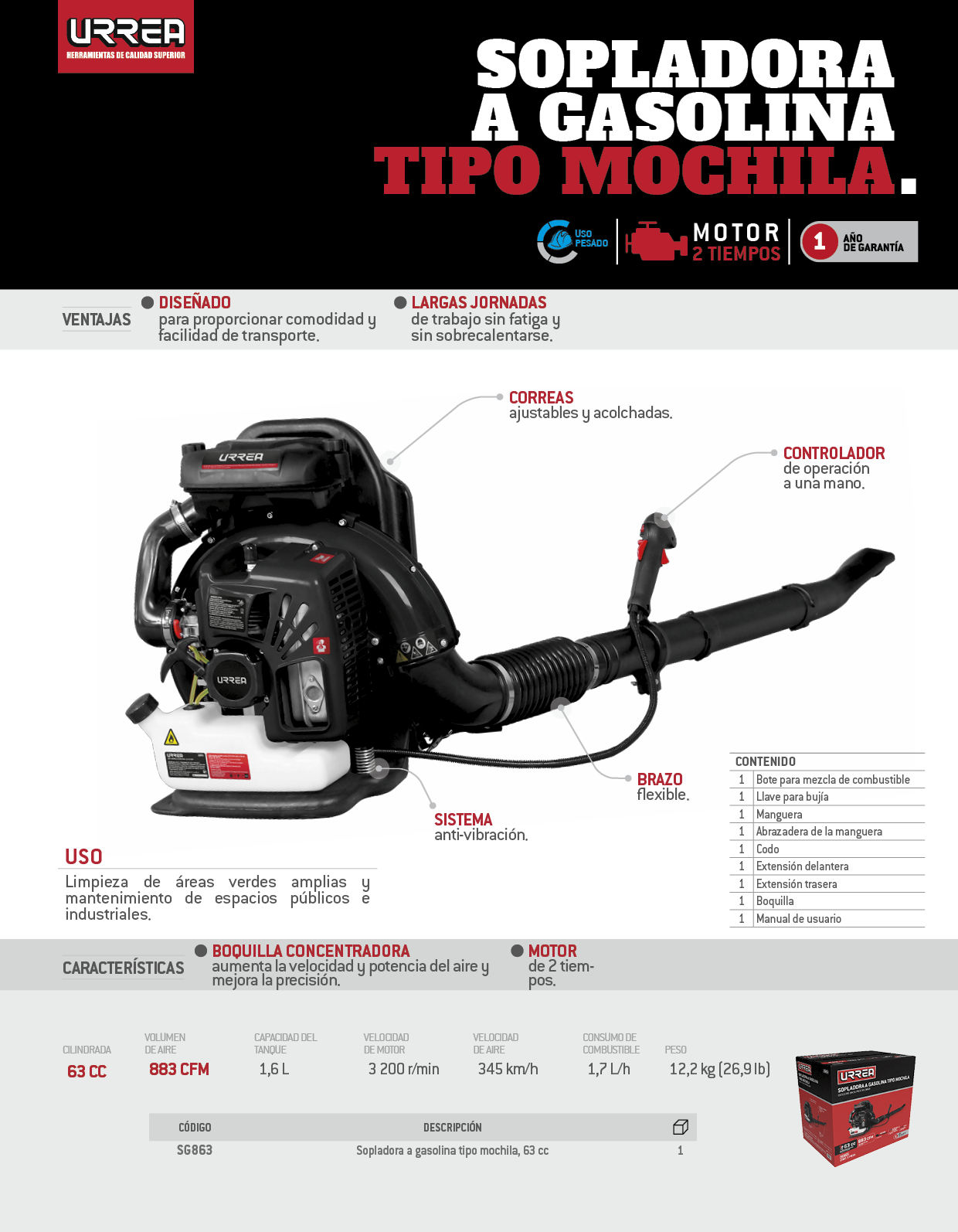 SG863 Sopladora con motor a gasolina 63cc Urrea - Imagen 2