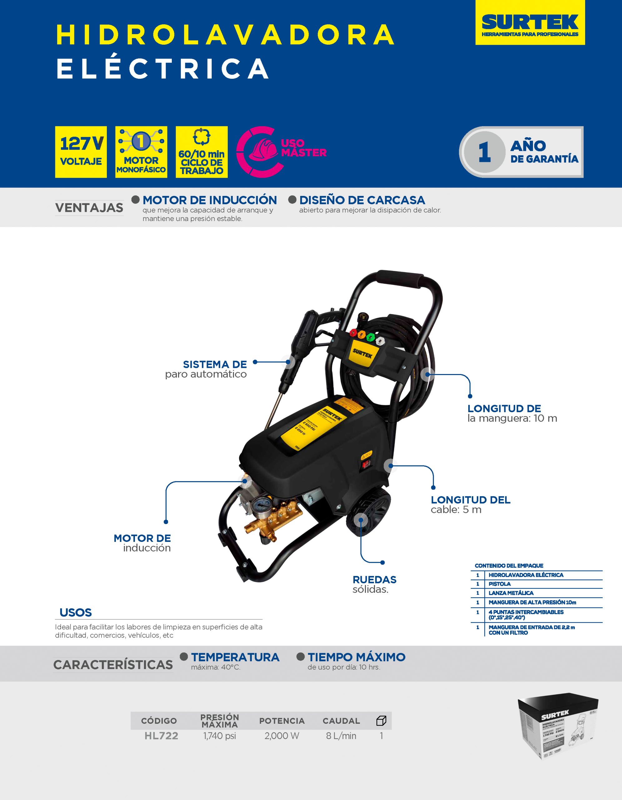 HL722 Hidrolavadora eléctrica 2200 W 127 V 1740 PSI, 8 Lt por minuto Surtek - Imagen 2