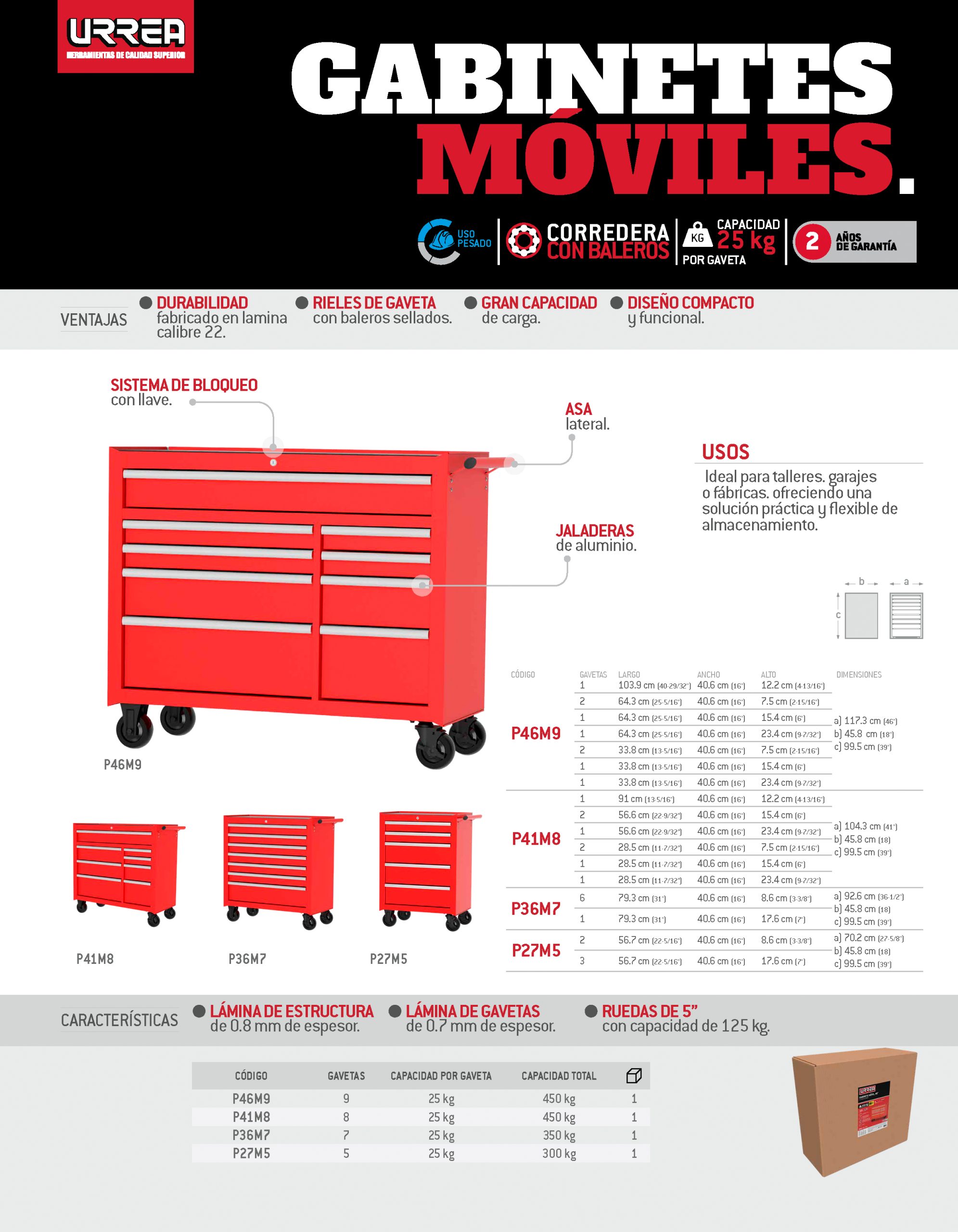P46M9 Gabinete móvil 15 gavetas color rojo serie P 46" Urrea - Imagen 2