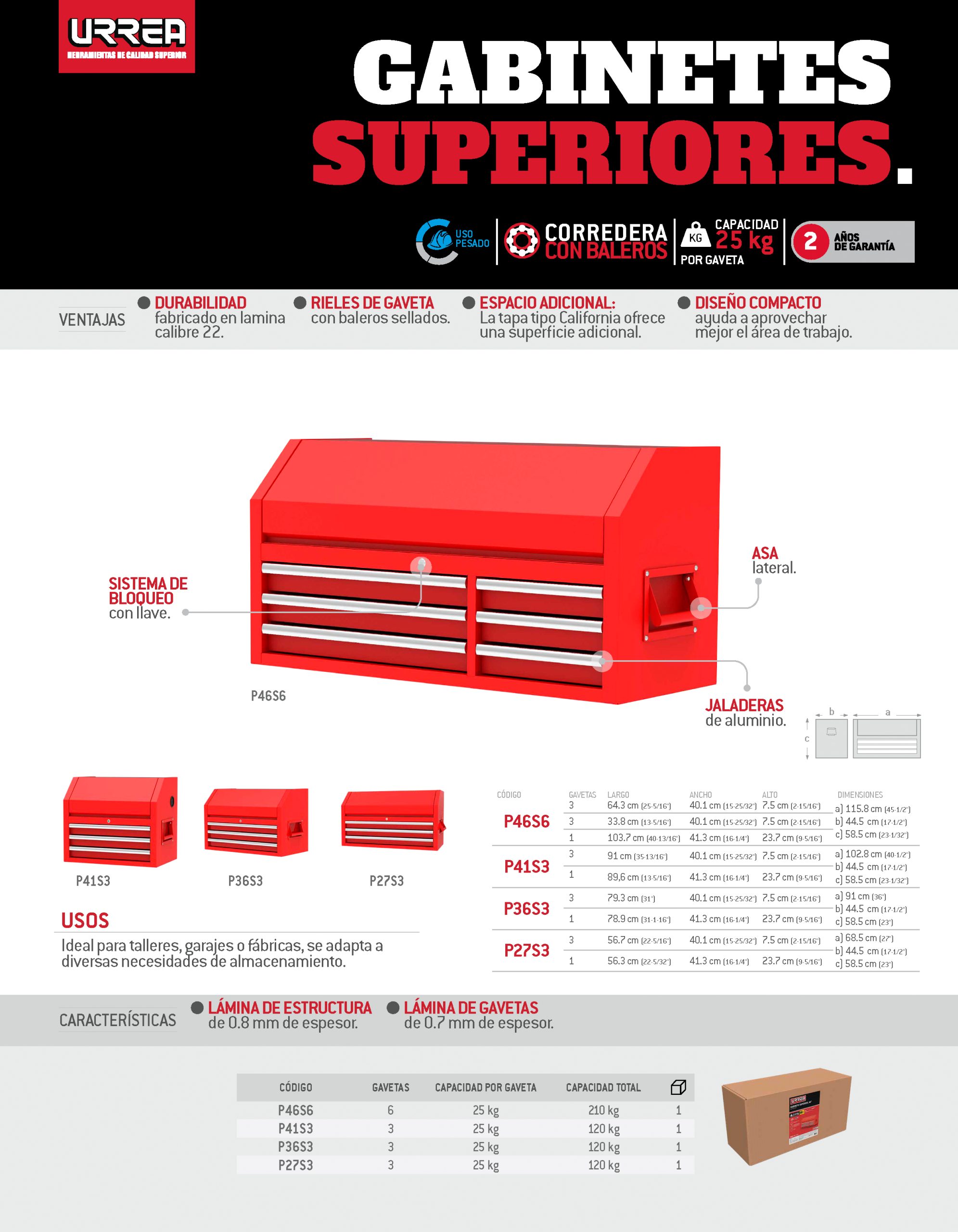 P27S3 Gabinete superior 3 gavetas color rojo serie P 27" Urrea - Imagen 2