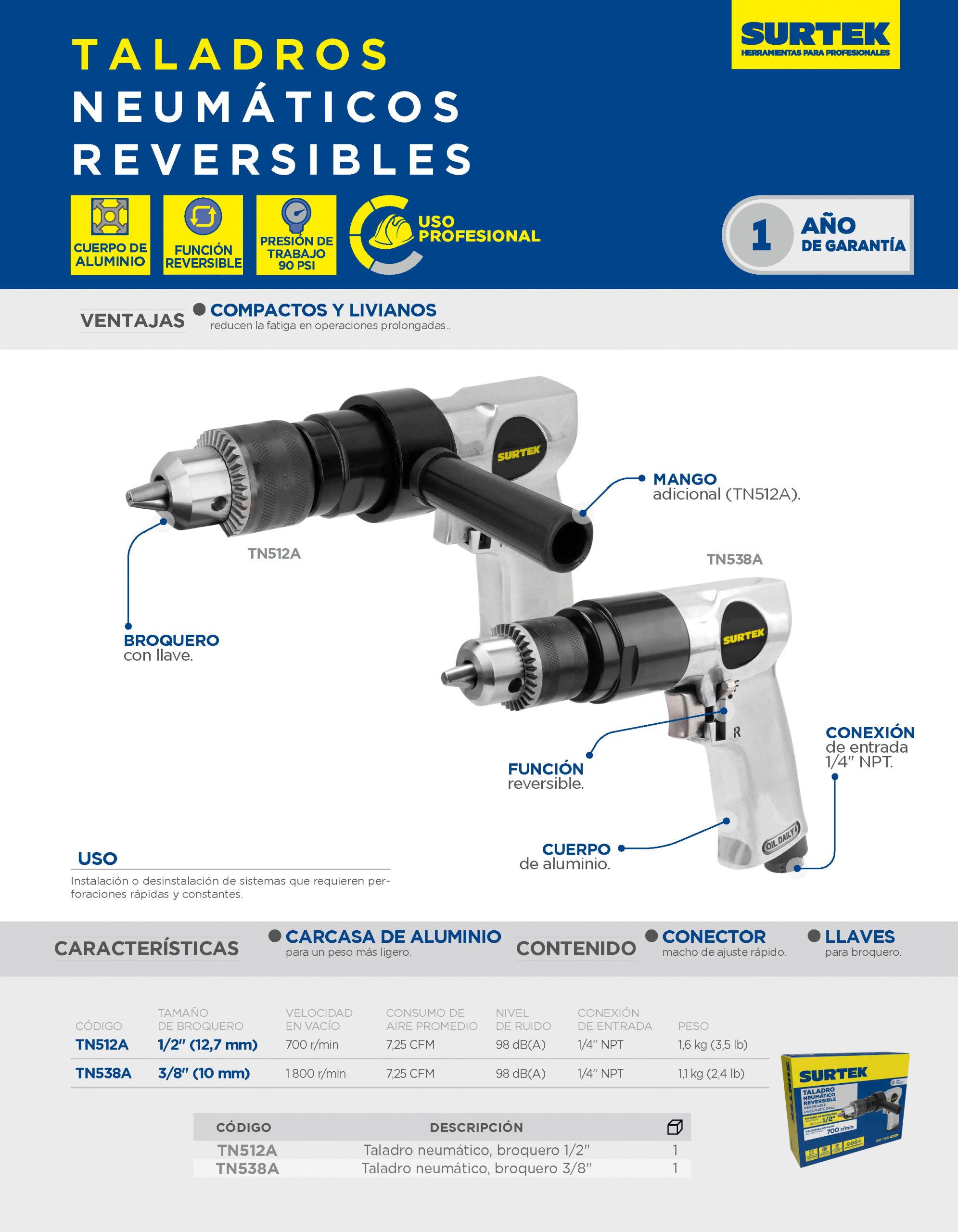 TN538A Taladro neumático 3/8" 1,800 RPM reversible Surtek - Imagen 2